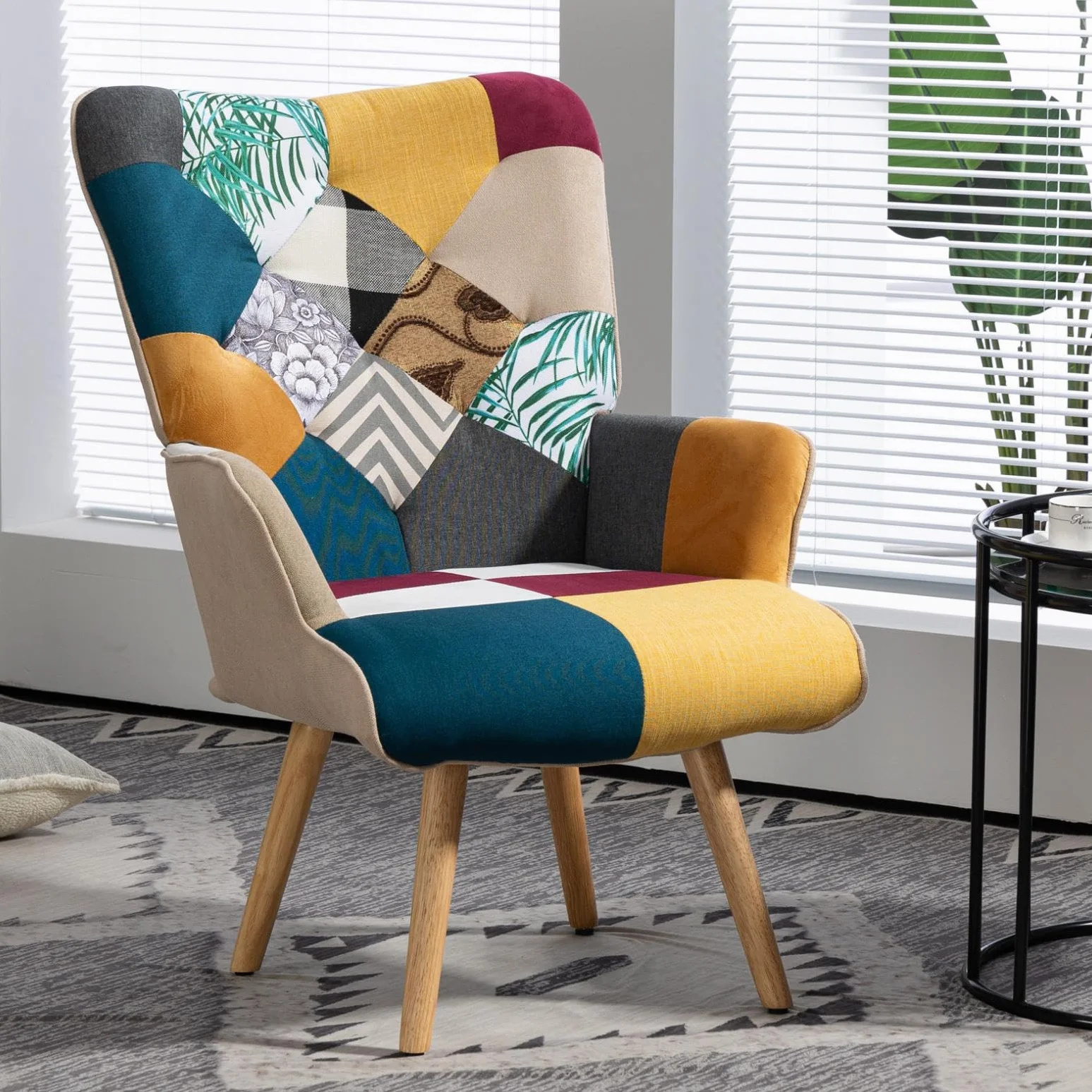 Patchwork fotel relaksacyjny, lniany fotel wypoczynkowy z nóżkami z litego drewna, fotel z uszami do salonu, sypialni, kącik do czytania, wielokolorowy