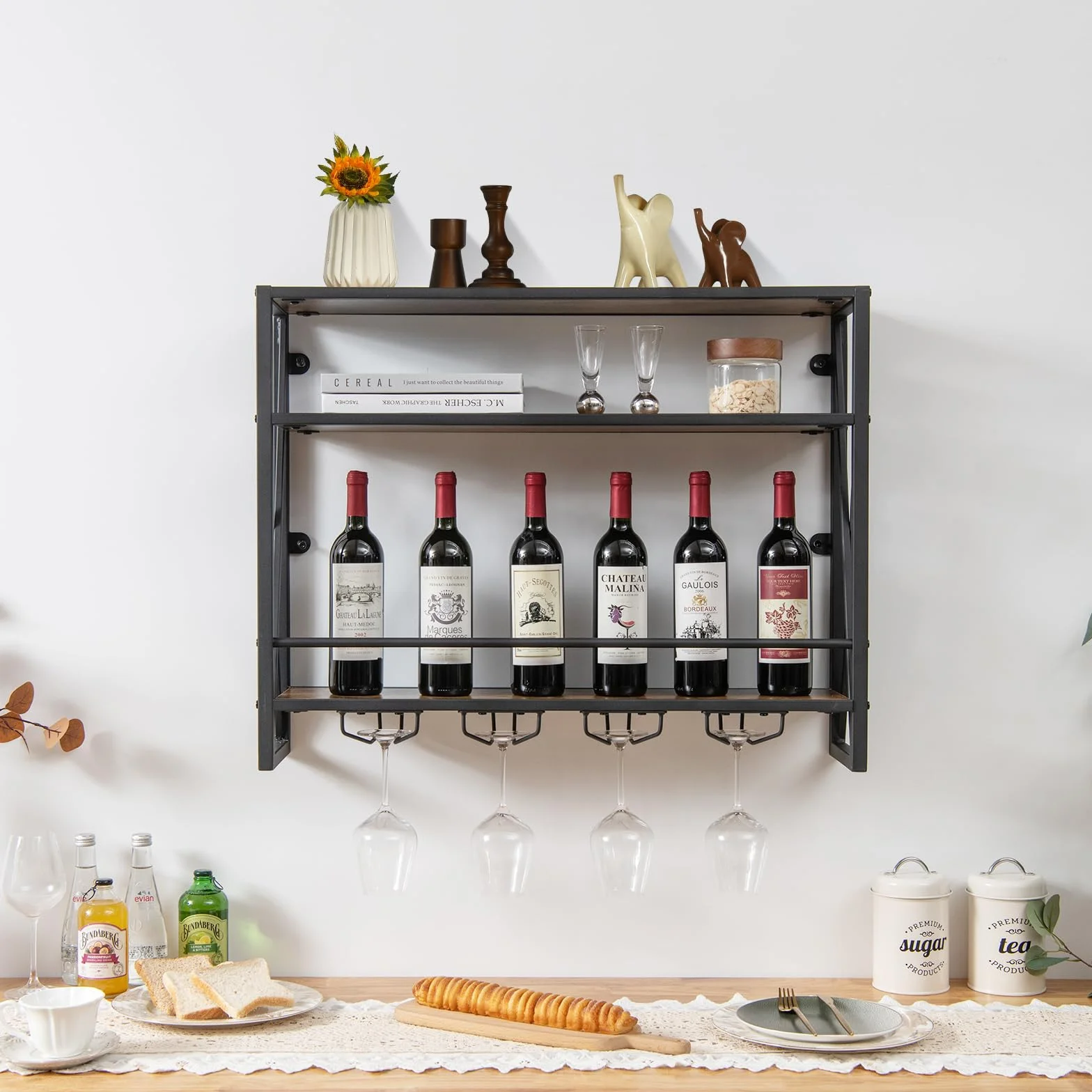 COSTWAY Regał ścienny na wino, 3 poziomy, z metalową ramą, 4 uchwytów na kieliszki, wzornictwo przemysłowe, idealny do domu, baru, kuchni, restauracji