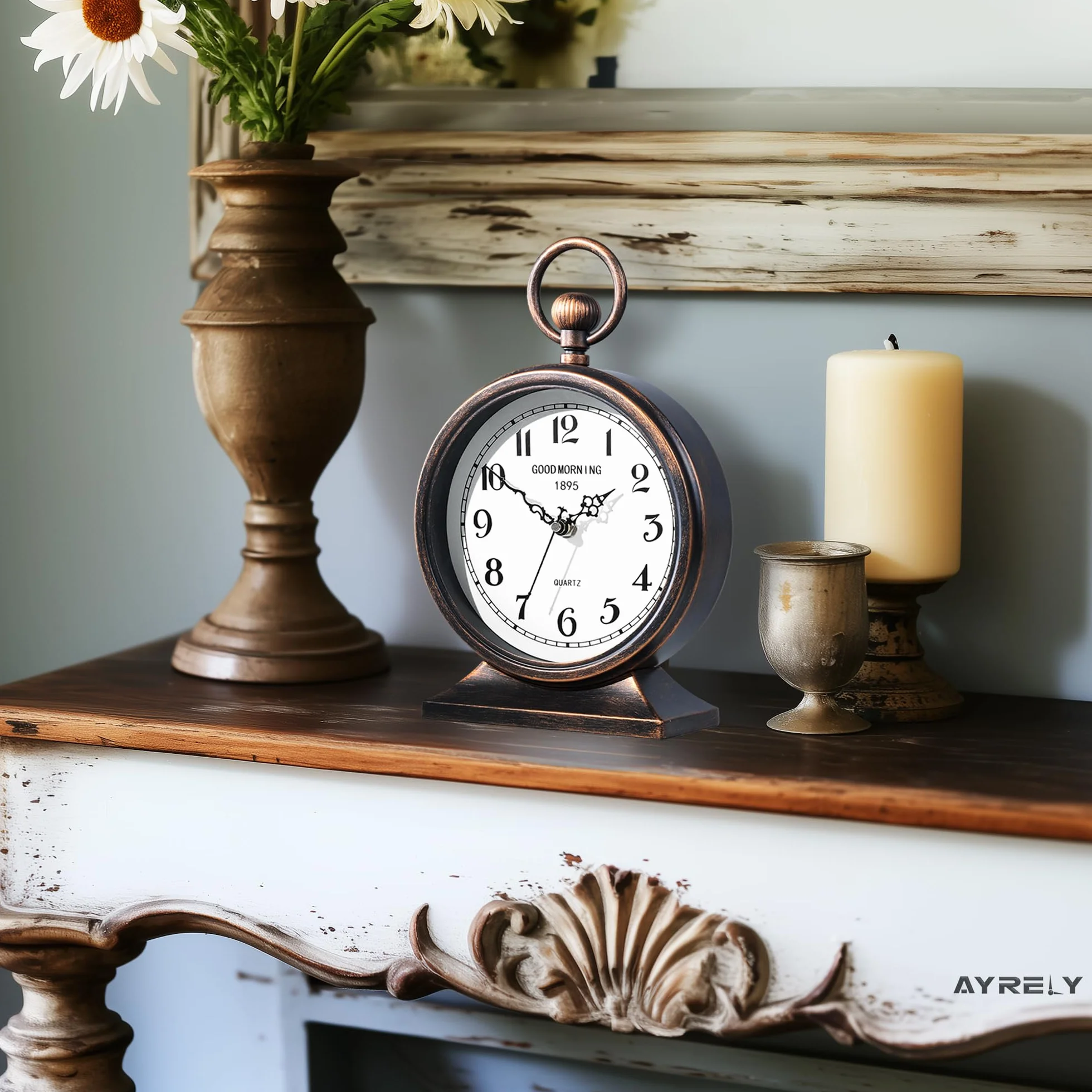 AYRELY® Zegar kominkowy vintage z uchwytem, antyczne metalowe zegary biurkowe na baterie, retro zegar stołowy do sypialni, salonu, półki, domu, kominka, wystrój 18 cm