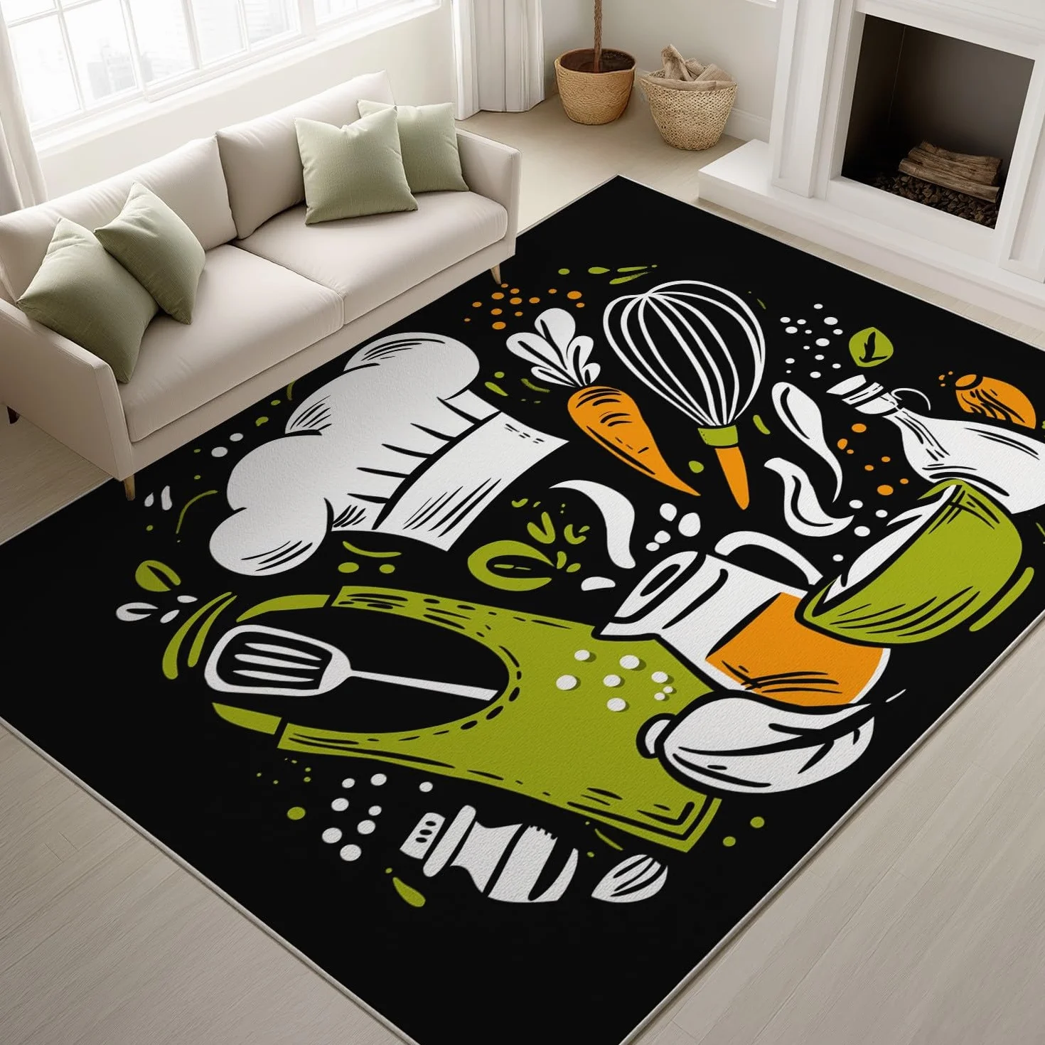 Générique Dywan do salonu, sypialni - 60 x 120 cm, dywan z mikrofibry z krótkim włosiem, miękki i wygodny, antypoślizgowy, można prać w pralce, czarny, przybory kuchenne z motywem kreskówek