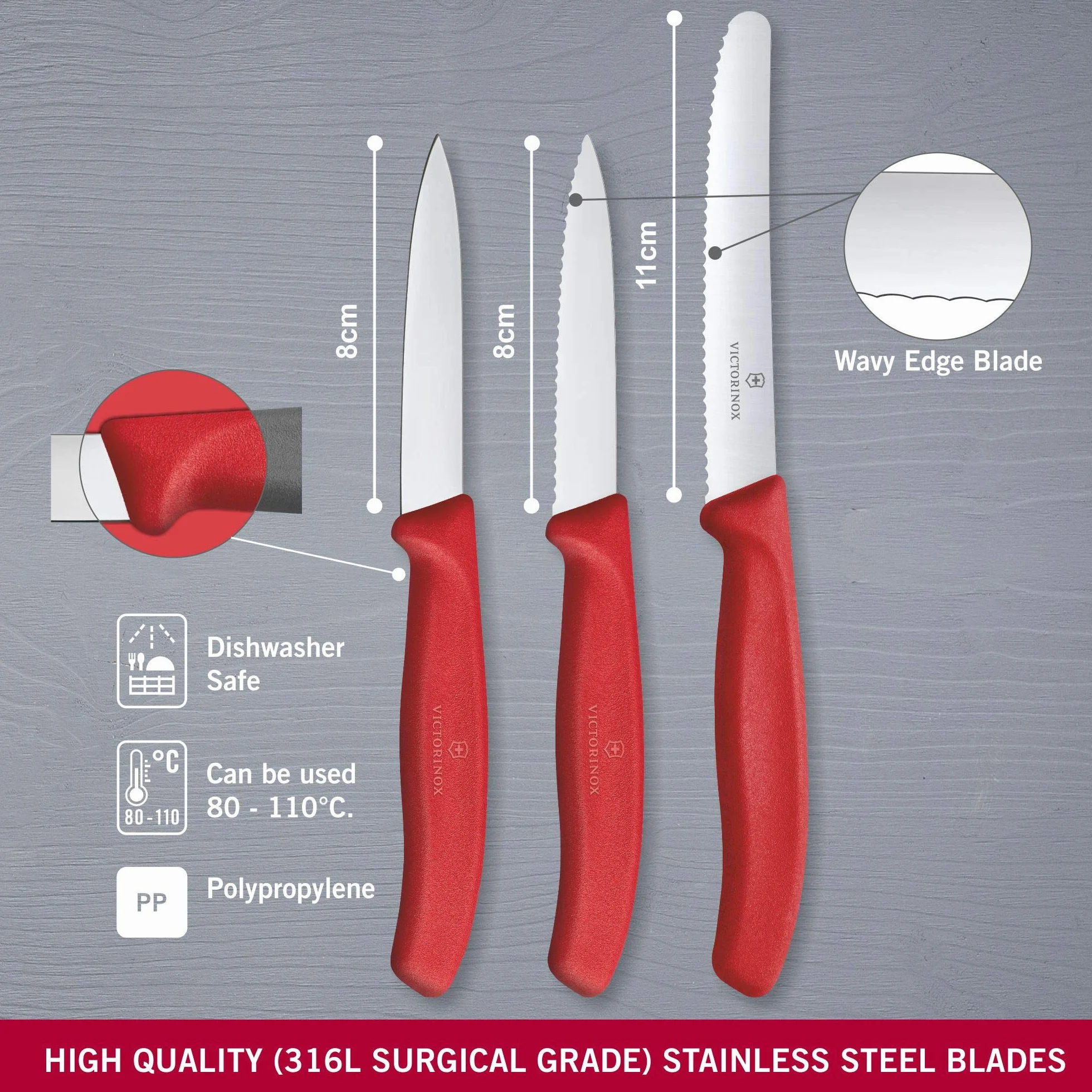 Victorinox, 6.7111.3, Swiss Classic, Gemüsemesser-Set, 3-teilig, Extra scharfe Klinge, mit geradem Schliff, robuster Kunststoff-Griff, Rot, Made in Switzerland, Spülmaschinengeeignet