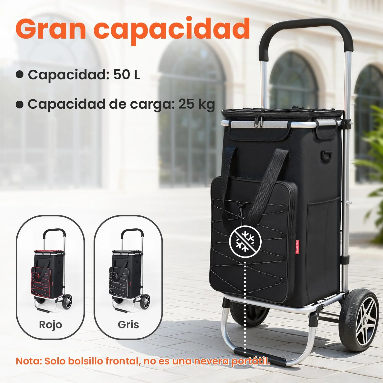 YEAUPE PRO Wózek na zakupy 3 w 1 z komorą chłodzącą, 50 l wózek na zakupy ze zdejmowaną torbą, maks. obciążenie 25 kg, w zestawie kieszenie boczne i otwieracz do butelek (czarny)