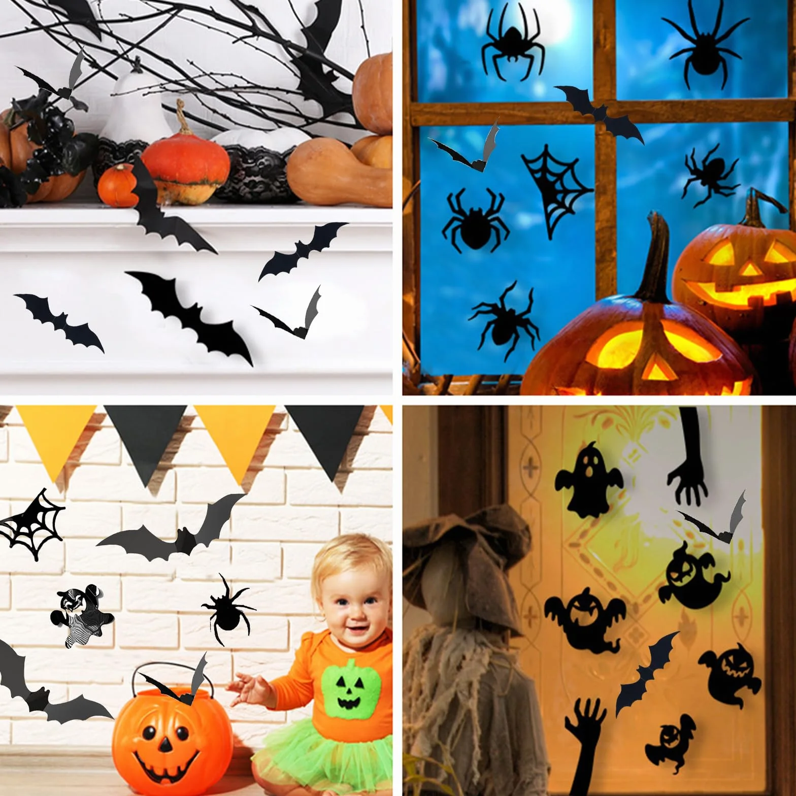 ALEGRE Duchy, Pająki, Nietoperze Dekoracja na Halloween, Zestaw naklejek 30 szt. na Halloween, zestaw przerażających naklejek 3D, naklejki z nietoperzami dekoracyjnymi+naklejki z pajęczyną dekoracyjną