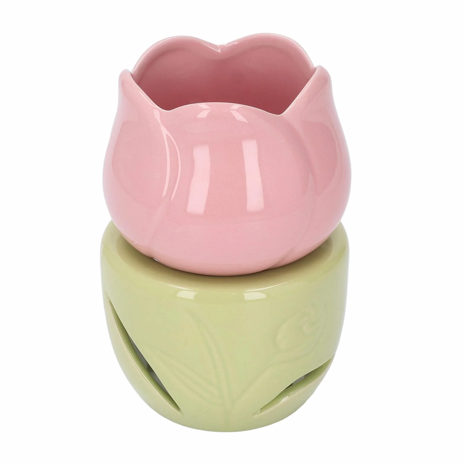 Ceramiczny Palnik do Aromaterapii Kominek na Olejki Eteryczne Różowy Kwiat Zielony Stojak