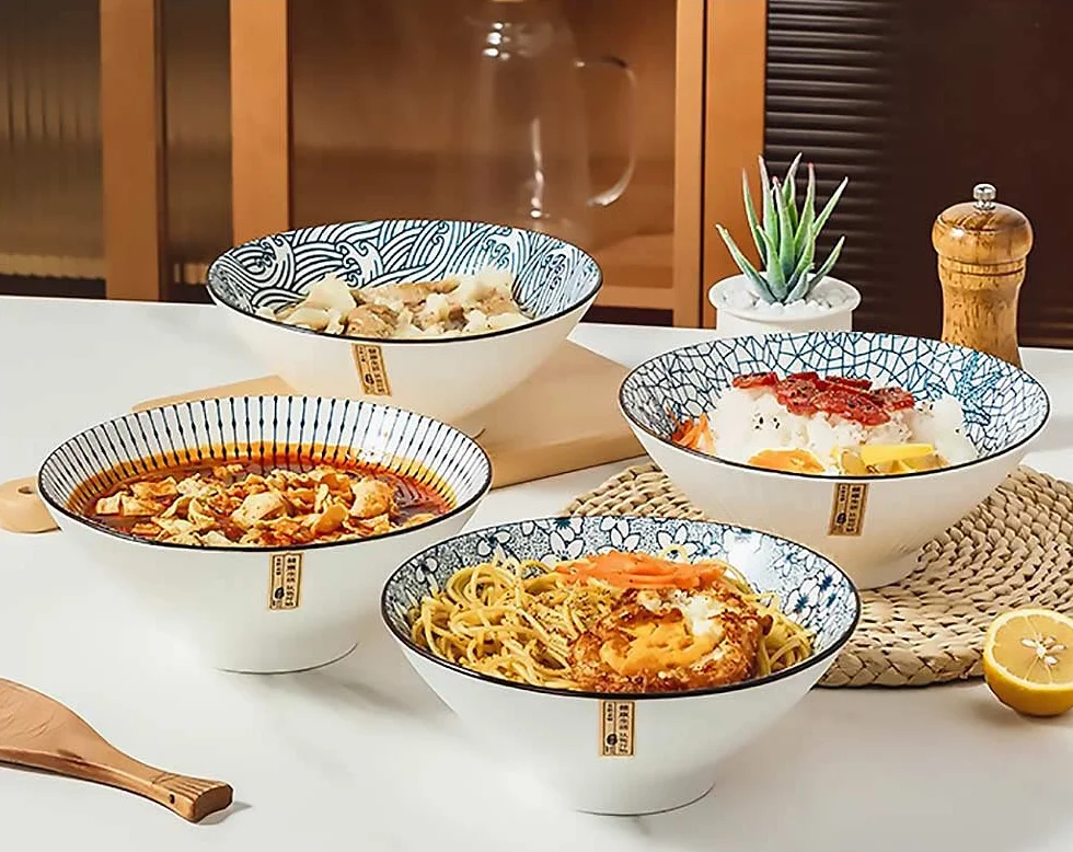 Zestaw japońskich misek do ramenu - 4 ceramiczne miski do zupy, pho, makaronu - pojemność 1,077 g, 20 cm
