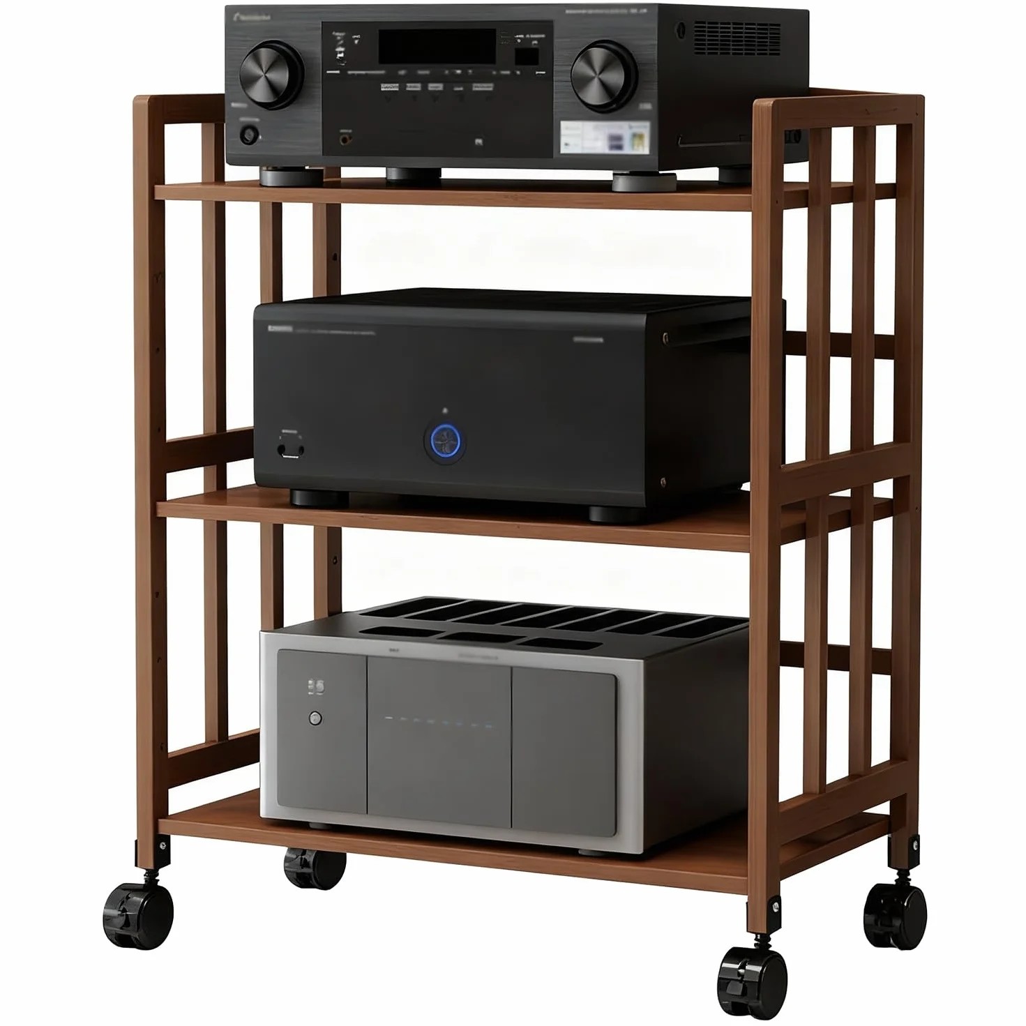 Stojak na sprzęt audio-wideo z 2/3/4/5 poziomami, szafka stereo z kółkami i regulowanymi półkami, bambusowy stojak na sprzęt HiFi do salonów, kin domowych, sypialni (szer., 2 poziomy – dł. 60*sze