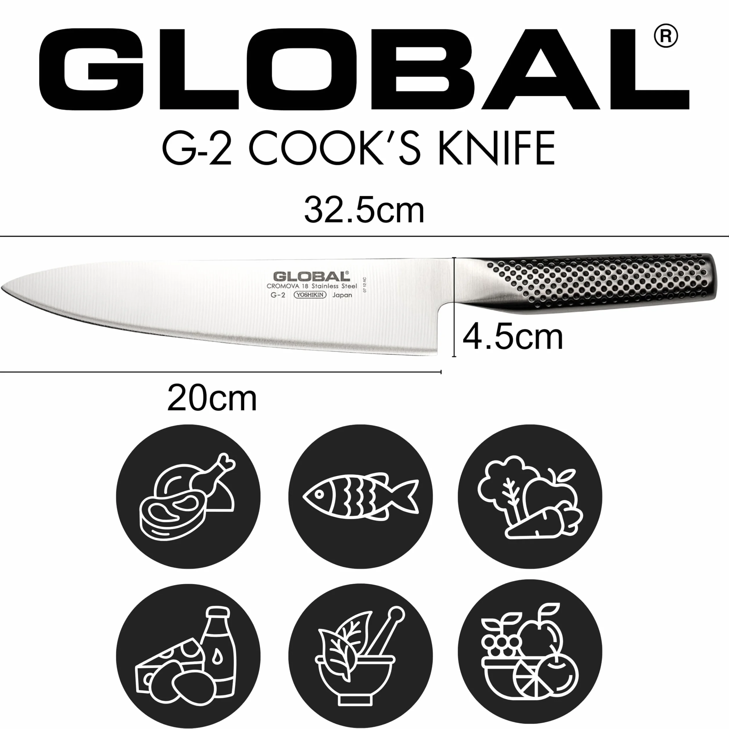 Global G-2 nóż szefa kuchni z ostrzem 20 cm, stal nierdzewna Cromova 18