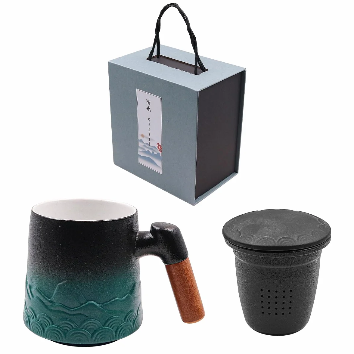 NUZAMAS Filiżanka do Herbaty z Zaparzaczem i Pokrywką 450 ml, Kubek do Kawy z Drewnianym Uchwytem, Ceramiczny