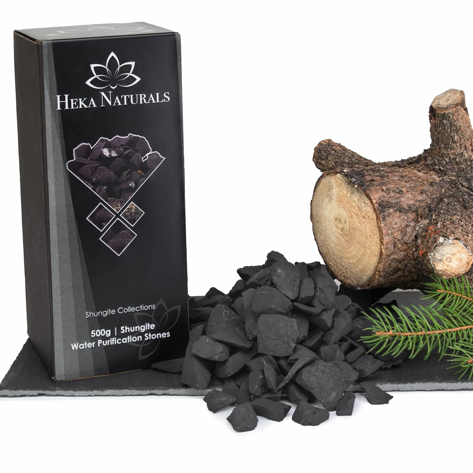 Heka Naturals Shungite Water Chips | Kryształy filtrujące wodę do wody pitnej, idealne do oczyszczania wody, kryształy lecznicze, dekoracja domu, idealne do stosowania jako filtr wody w sprzęcie kempingowym (0.5)