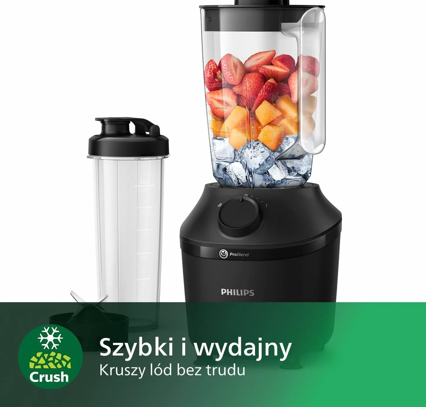 Philips Blender Kielichowy, Moc 450 W, Dokładne blendowanie - Technologia ProBlend, Pojemny dzbanek o pojemności 1,9 L, Butelka do smoothie w zestawie, Kolor Czarny (HR2041/41)