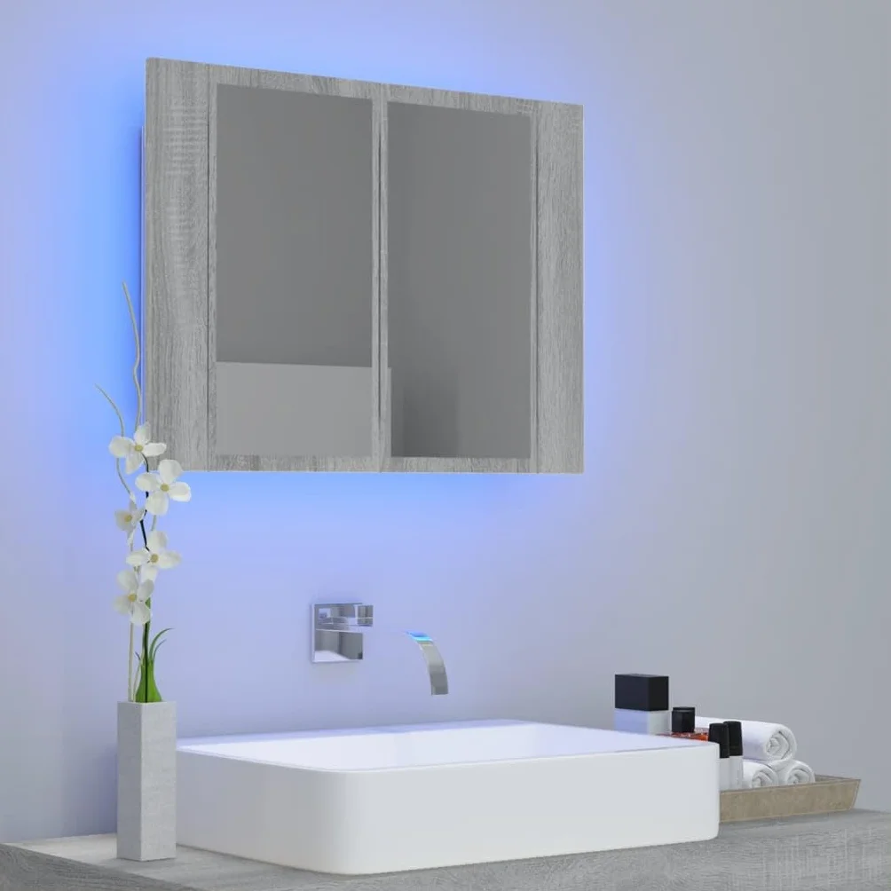 vidaXL Szafka łazienkowa z lustrem, szary dąb sonoma, 60x12x45 cm, szafka z LED, szafka LED, szafka z podświetleniem, szafki z LED, szafki LED