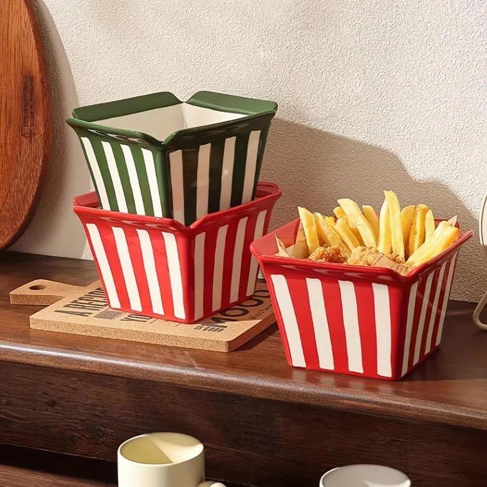 Ceramiczna miska na przekąski, urocza, odporna na ciepło konstrukcja w paski do popcornu, sałatki, deserów, jogurtu, płatków śniadaniowych, lodów, makaronu błyskawicznego - idealna do serwowania
