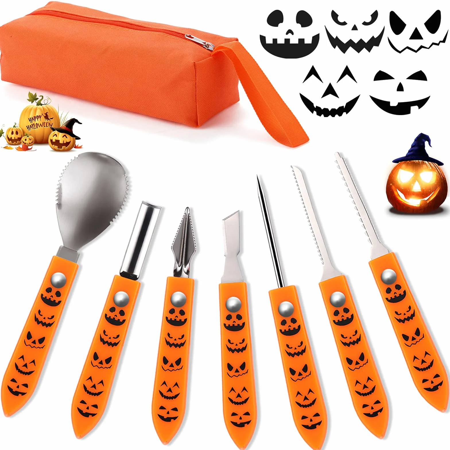 Zestaw do rzeźbienia w dyniach na Halloween, 7 sztuk, z torbą do przenoszenia i szablonami do rzeźbienia w dyniach, profesjonalne narzędzia do rzeźbienia w dyniach ze stali nierdzewnej, na Halloween, dla dorosłych i dzieci