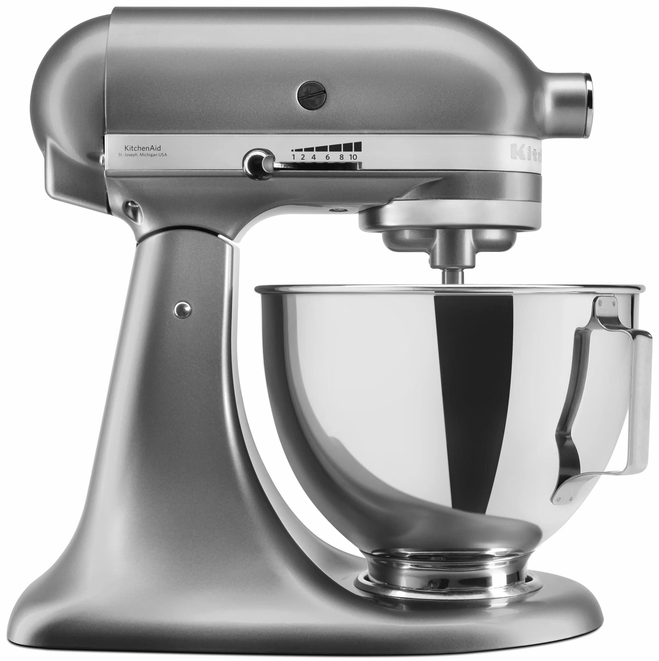 KitchenAid 5KSM95PSECU robot kuchenny (4,3 l, ochrona przed pryskaniem, 275 W, mieszadło płaskie, hak do zagniatania i trzepaczka), srebrny