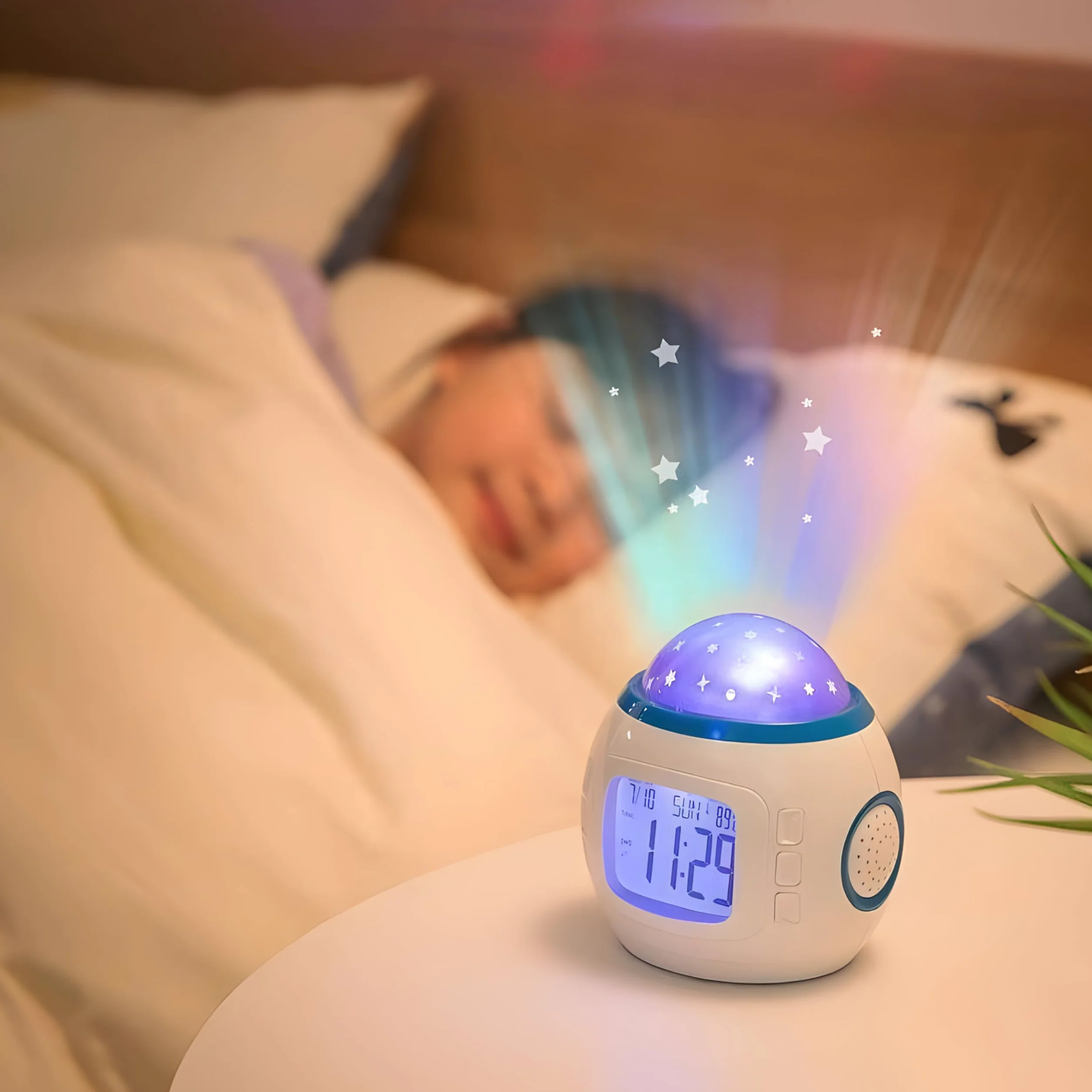 Retoo Budzik z projektorem gwiaździstego nieba cyfrowy mini budzik dla dzieci ładne dźwięki animowane 8 melodie lampa dekoracyjna temperatura wyświetlanie kalendarza