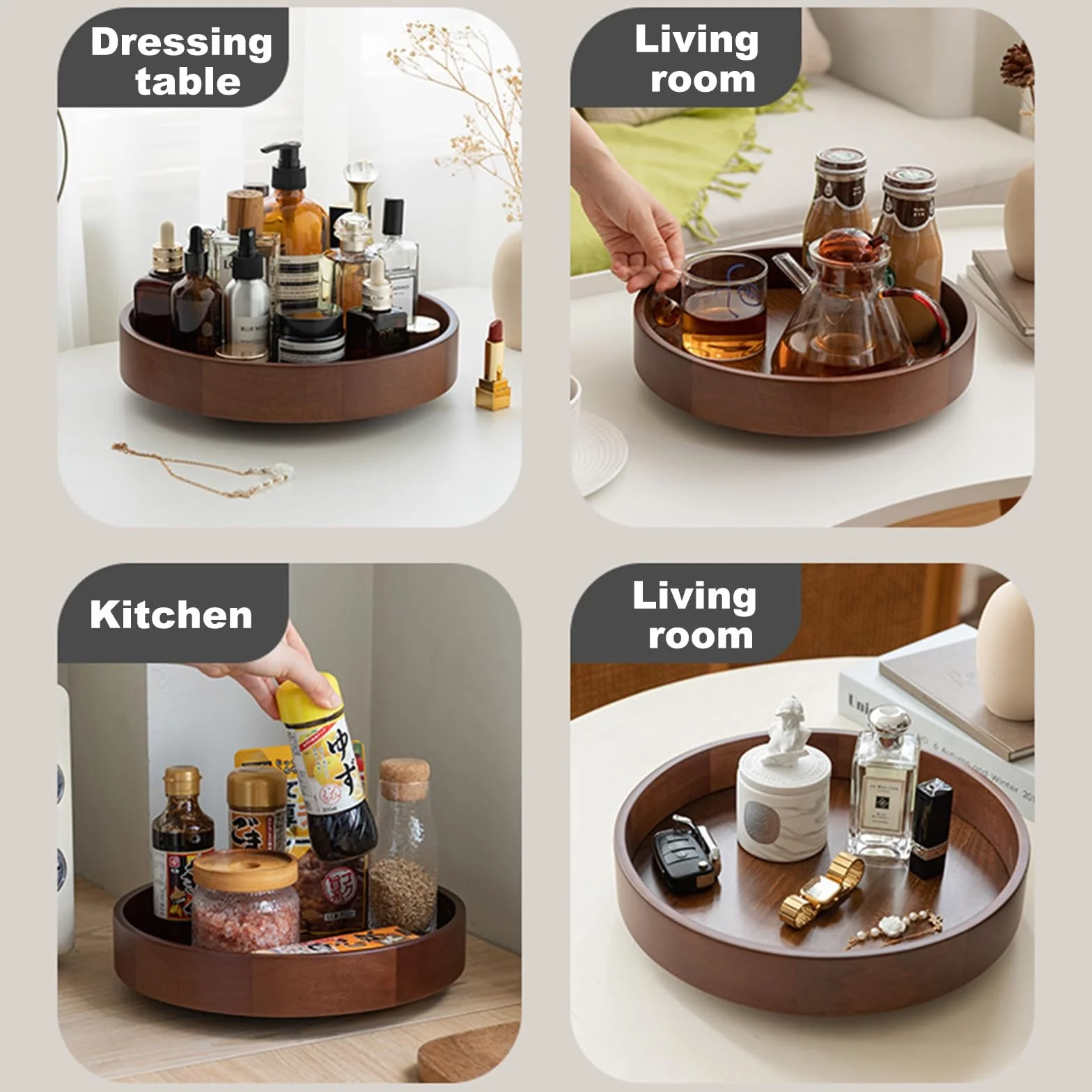 Antypoślizgowy drewniany stojak obrotowy Lazy Susan, obrotowy stojak na przyprawy organizer spinningowy do szafki, spiżarni, lodówki, blatu (rozmiar: 35,5 cm)