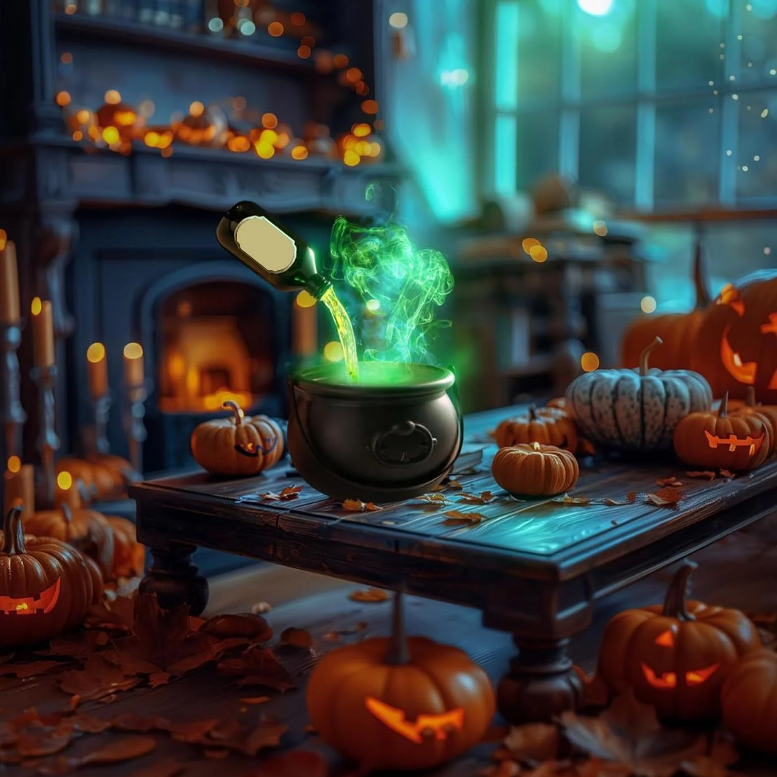 Cauldron Diffuser, Halloween Witch Pot Jar, Bubbling Black Cauldron with Floating Potion Bottles, Spooky Outdoor Decor for Entryway, Yard, Backyard, Holiday, 10.24 Inches