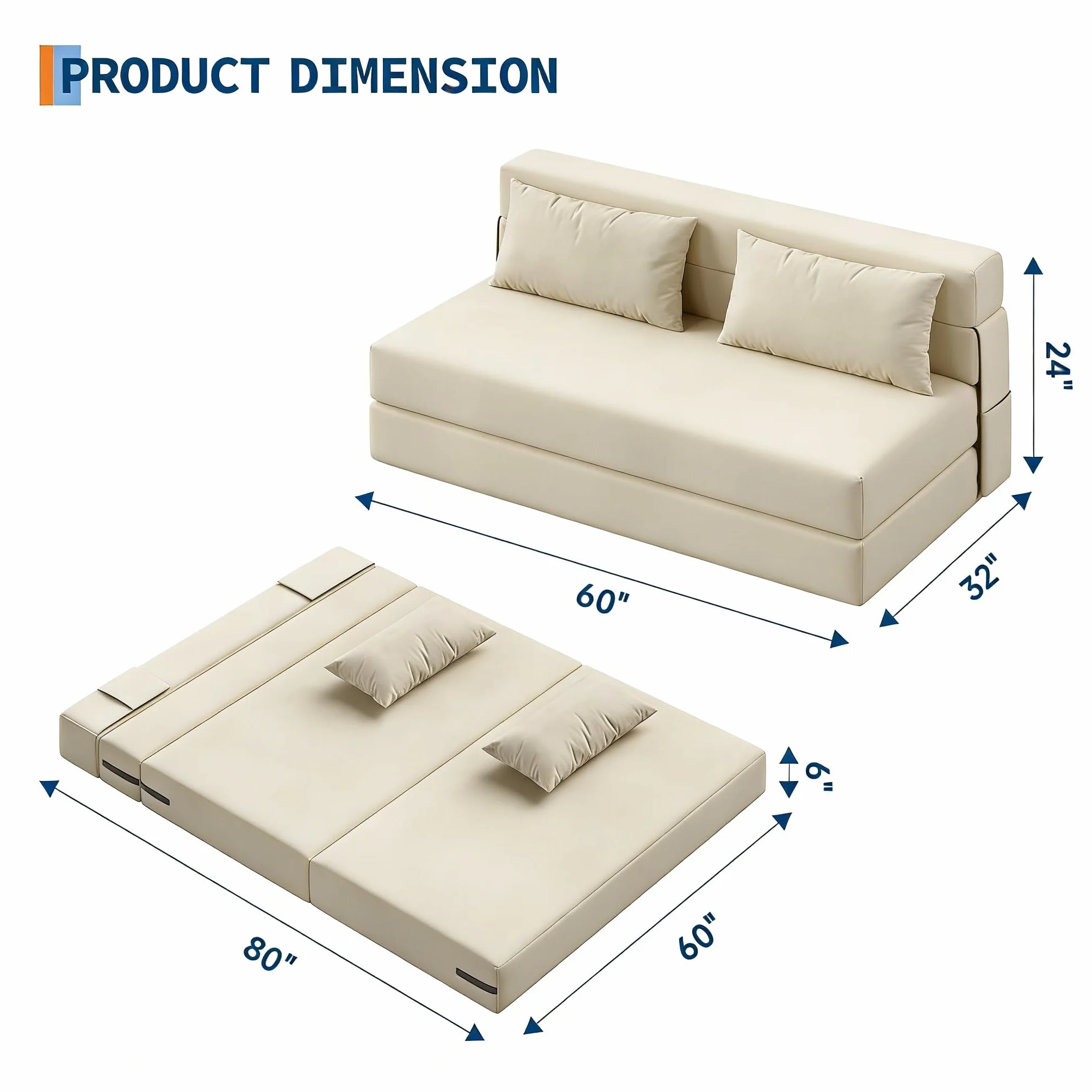 Dwuosobowa sofa rozkładana z prążkowanego aksamitu, 2 w 1 rozkładany fotel z 2 poduszkami, zdejmowany pokrowiec, 2-osobowa leniwa / podgrzewana sofa do sypialni, salonu (200 x 150 x 15 cm, beżowy)