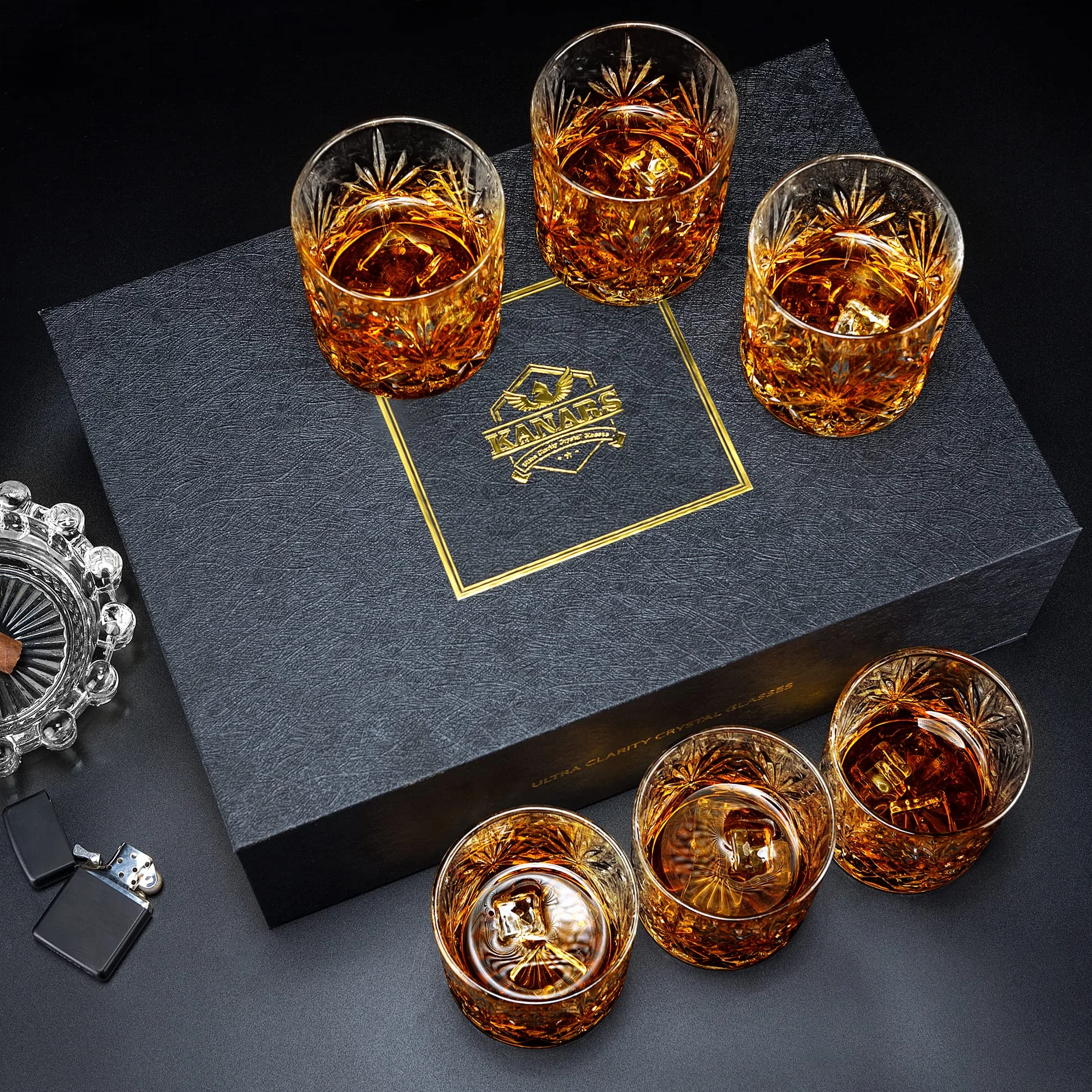 KANARS Zestaw Szklanek do Whisky, CKryształ Szkło Whisky, Pomysły Na Prezenty Dla Jego Tata Chłopiec Mąż Dziadek, Stylowe Pudełko Upominkowe, Zestaw 6 Sztuk, 300 ml