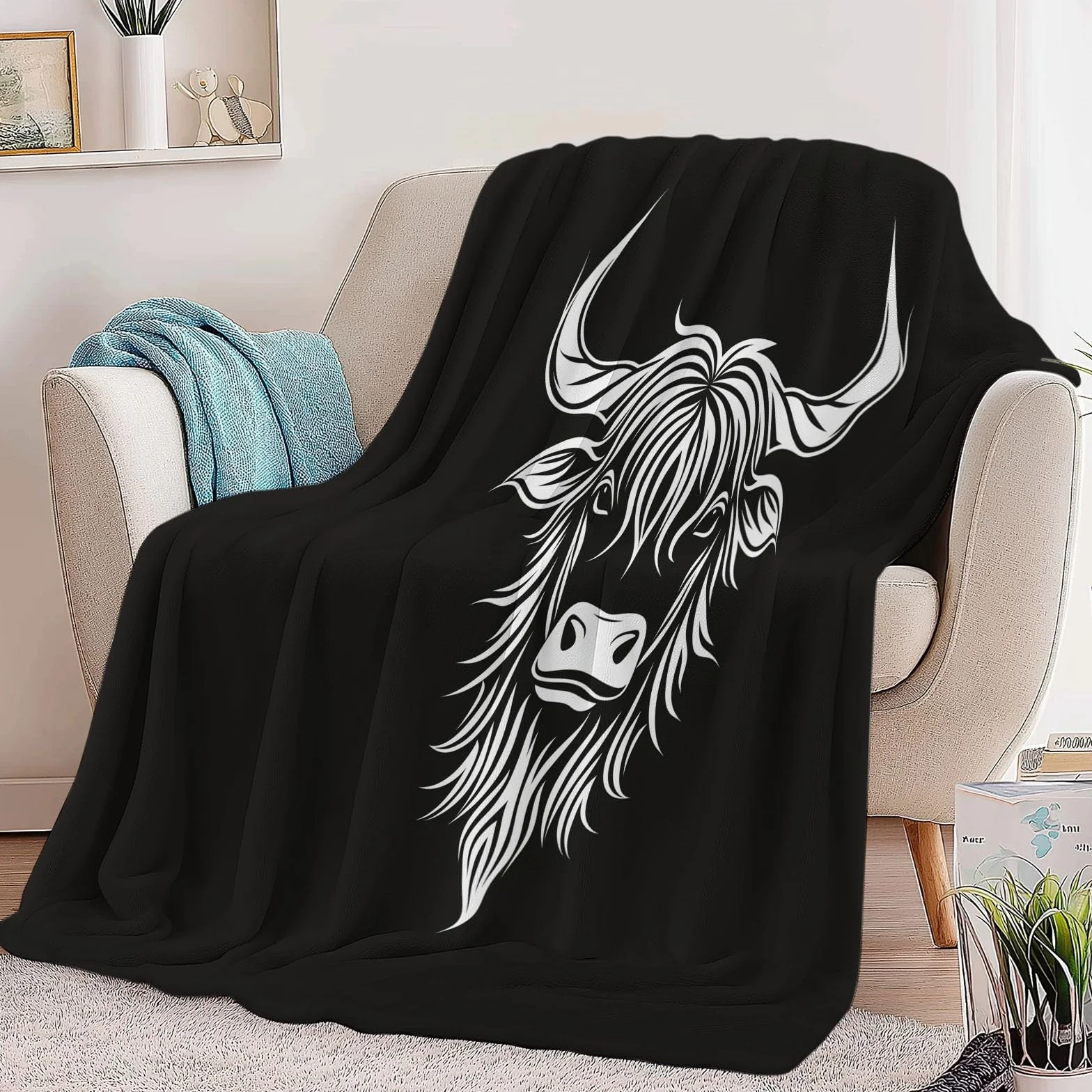Koc flanelowy 220 x 240 cm Pojedyncze linie Bétails Highlands Puszysty koc z mikrofibry, na sofę i łóżko, miękki i ciepły koc flanelowy, czarny