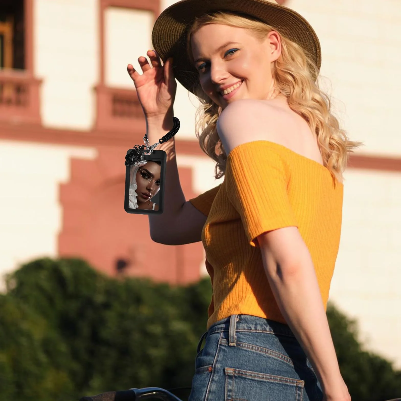 Star Bells uchwyt na fotokartkę brelok z wiosną różowy PCW uchwyt na kartę fotograficzną brelok idol wystawa zdjęcie organizer identyfikator odznaka