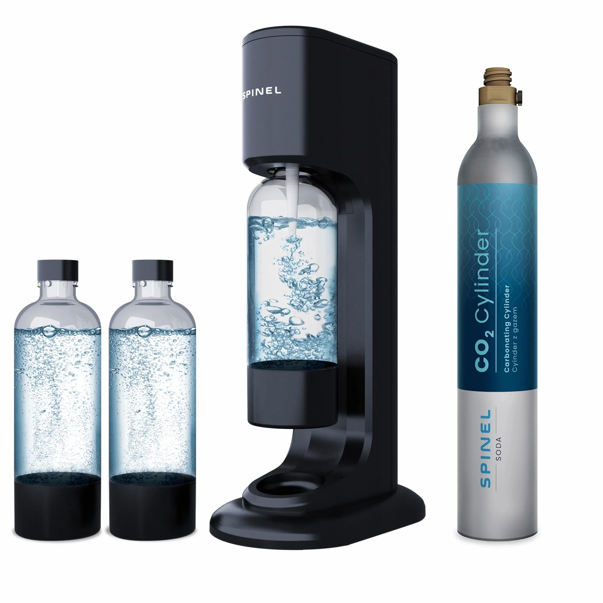 Saturator do wody - Spinel Soda BubbleON z dwoma butelkami 1l czarny, nabój CO2 60l