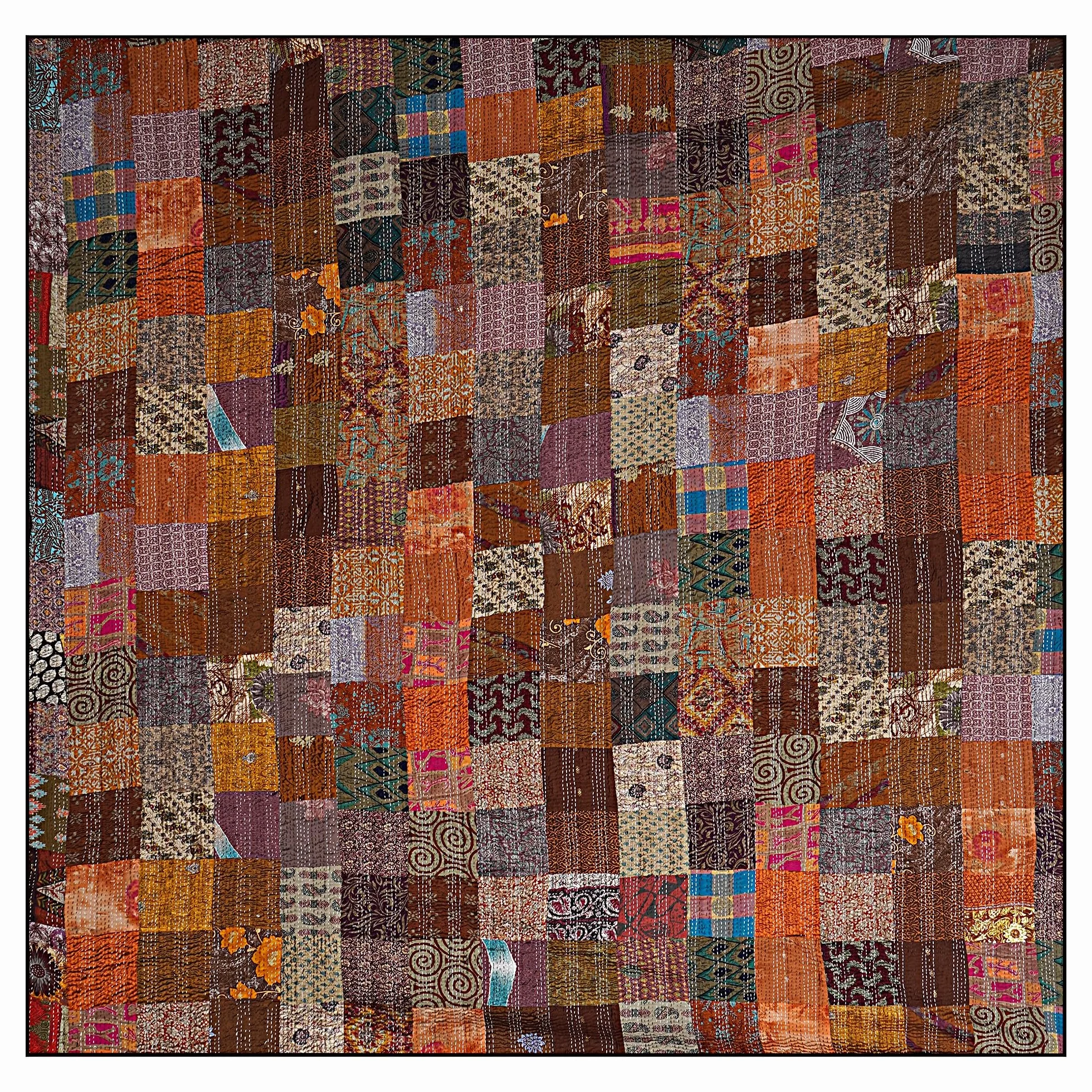 Jedwabna patchworkowa kołdra Kantha, ręcznie szyta kołdra w stylu vintage, dwustronna narzuta i narzuta w stylu boho, lekka, ręcznie robiona dekoracja, brązowa, niemowlęta, 127 x 152 cm