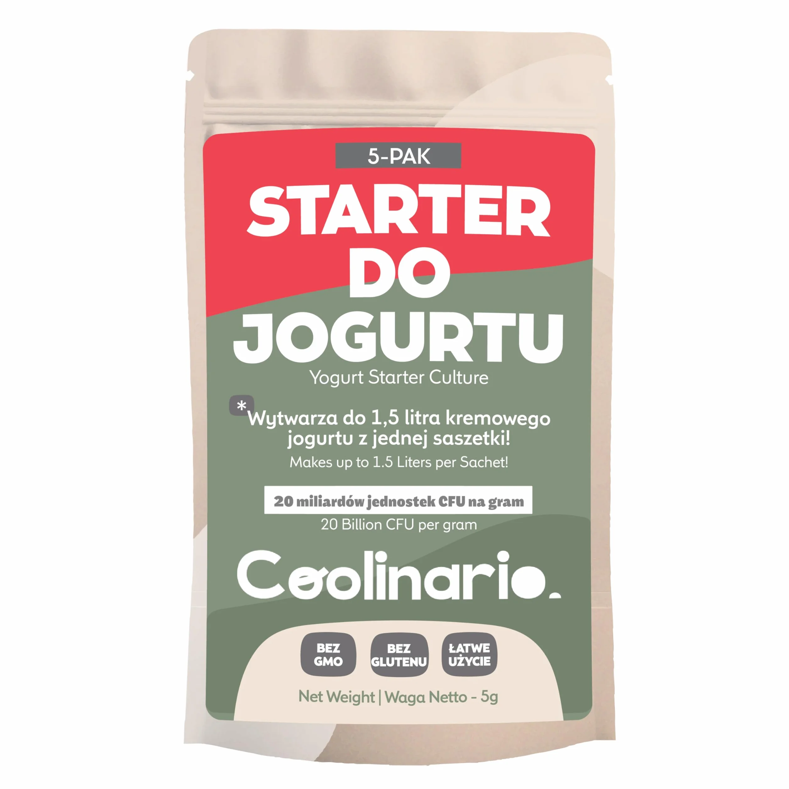 Coolinario starter do jogurtu z probiotykami (5x1g) | Kultury bakterii | Smaczny, kremowy | Bez GMO, glutenu | Halal, Koszerny