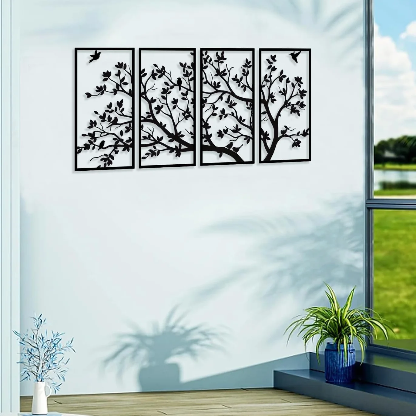Metalowe drzewo życia, sztuka ścienna, dekoracja, 4 panele, drzewo życie, metalowa sztuka ścienna na prezent, ogród, dom, sypialnia, salon (60 cm x 30 cm x 11,8 cala)