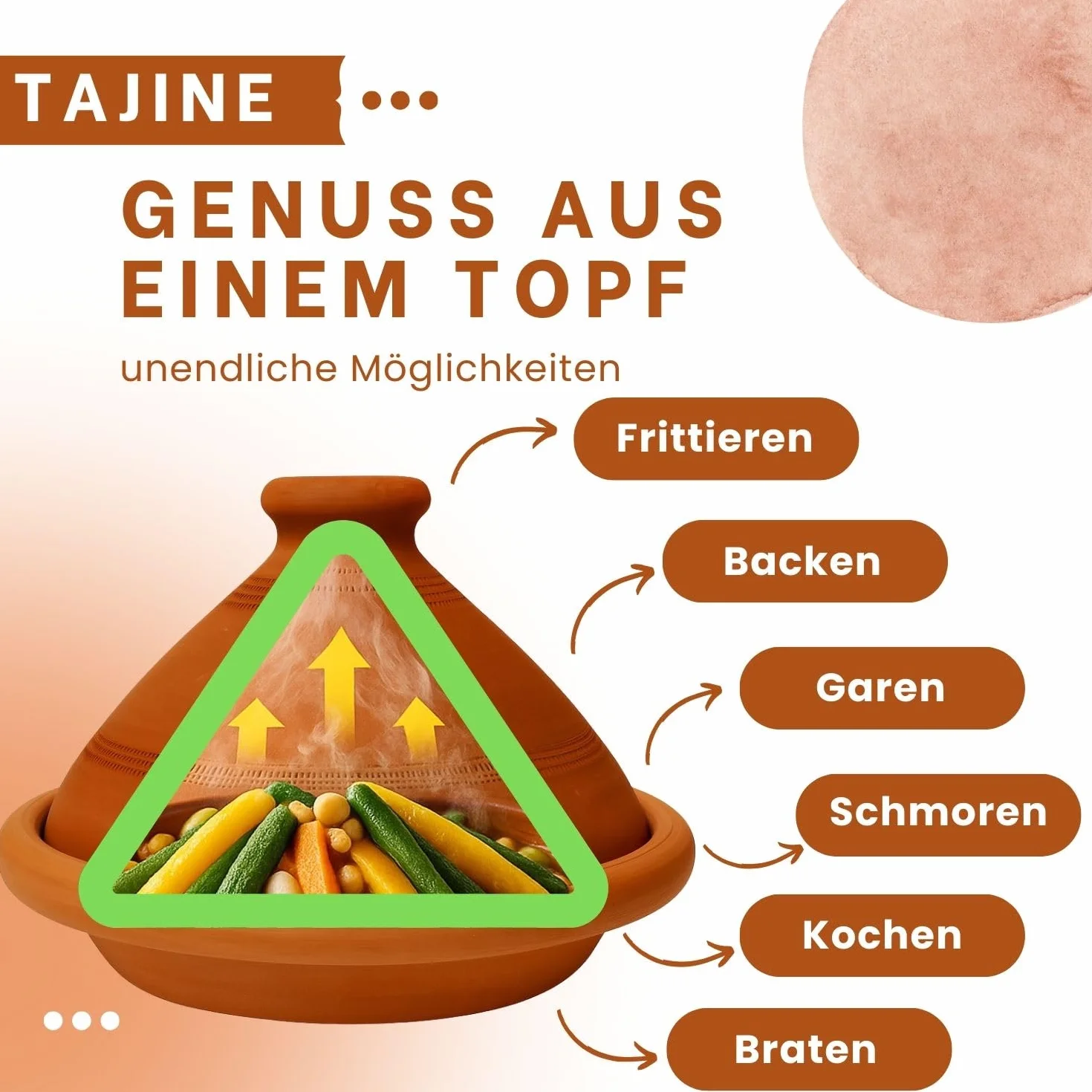 Tajine, z Maroka, w tym książka kucharska kuchni północnoafrykańskiej, gliniany garnek do gotowania, tuareg, ręcznie wykonany z Marrakeszu, wolny od szkodliwych substancji, terakota, Ø 30 cm, dla 4-5