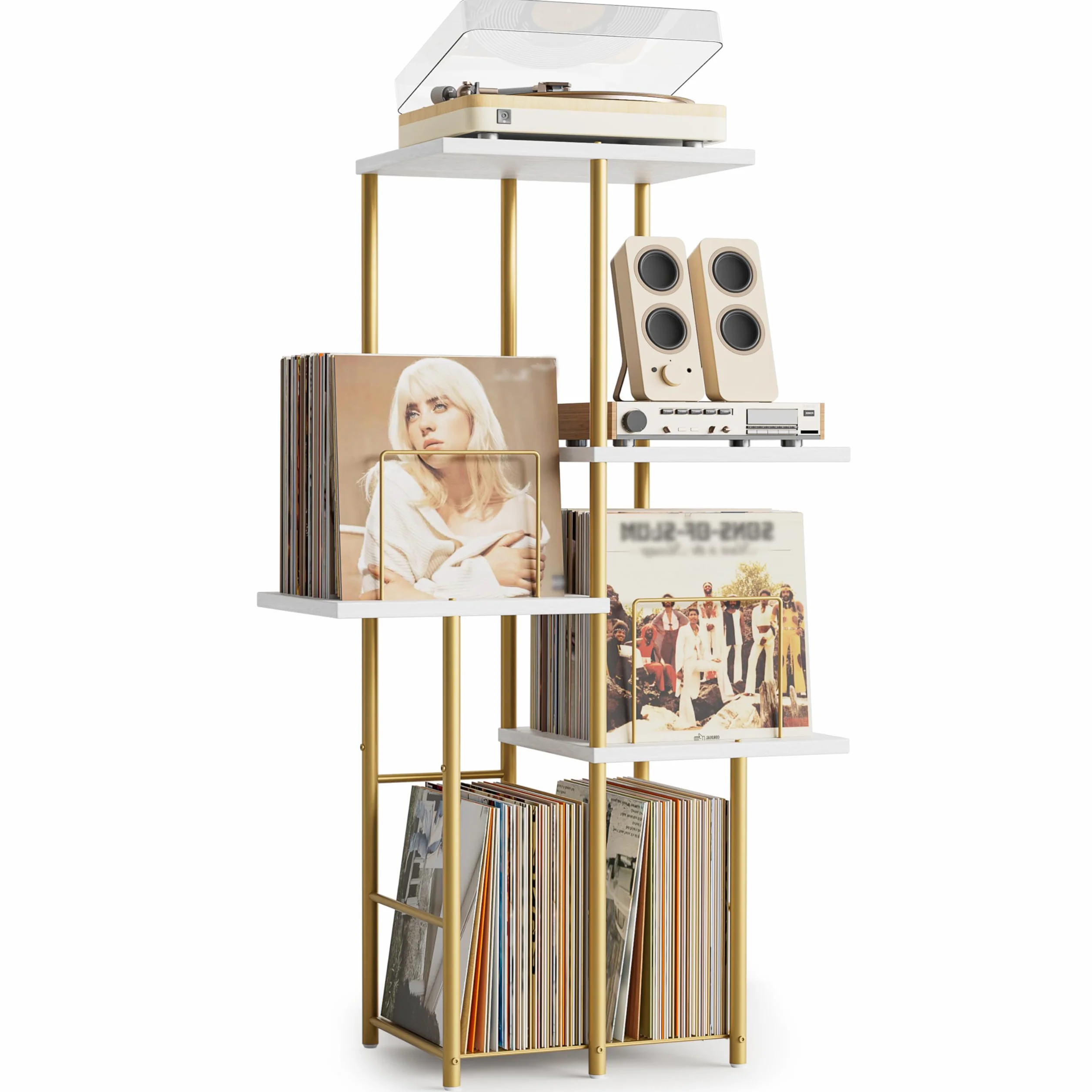 Bikoney Skivspelarbord Mid-Century Modern med Vinylförvaring för LP | Elegancka Wysoka Konsola Drewniana W Stylu Mid-Century Do Salonu, Pojemna Szafka Na Gramofon I Organizer Na Płyty LP