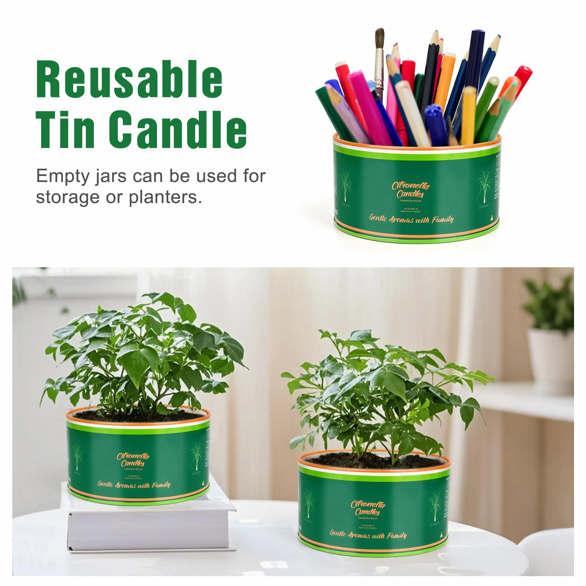 Citronella świeca outdoorowa, ZESTAW 2 SZTUK, każda 400 ml świeca ogrodowa, 3 knoty, czas palenia 75 godzin/sztuka (łącznie 150 godzin), naturalne świece z wosku sojowego na kemping, taras, do ogrodu