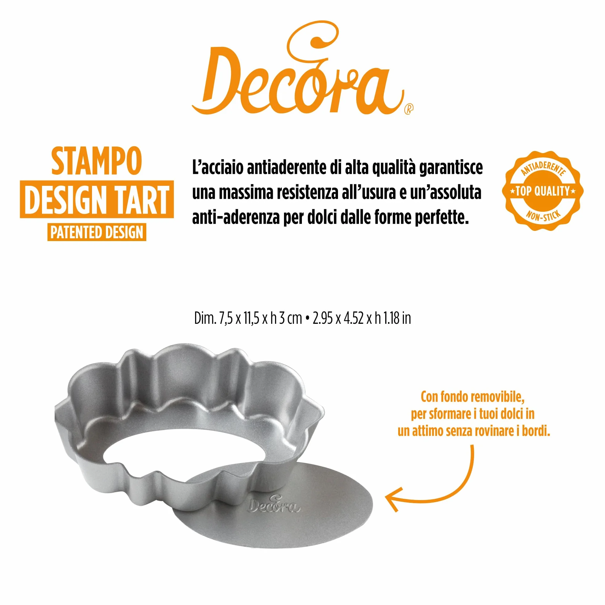 Decora, 0075054 forma tarta z ruchomym dnem wielkości 7,5 x 11,5 x 3 H Cm, stal nieprzywierająca, owalna, ułatwia formowanie słodyczy, linia projektowa