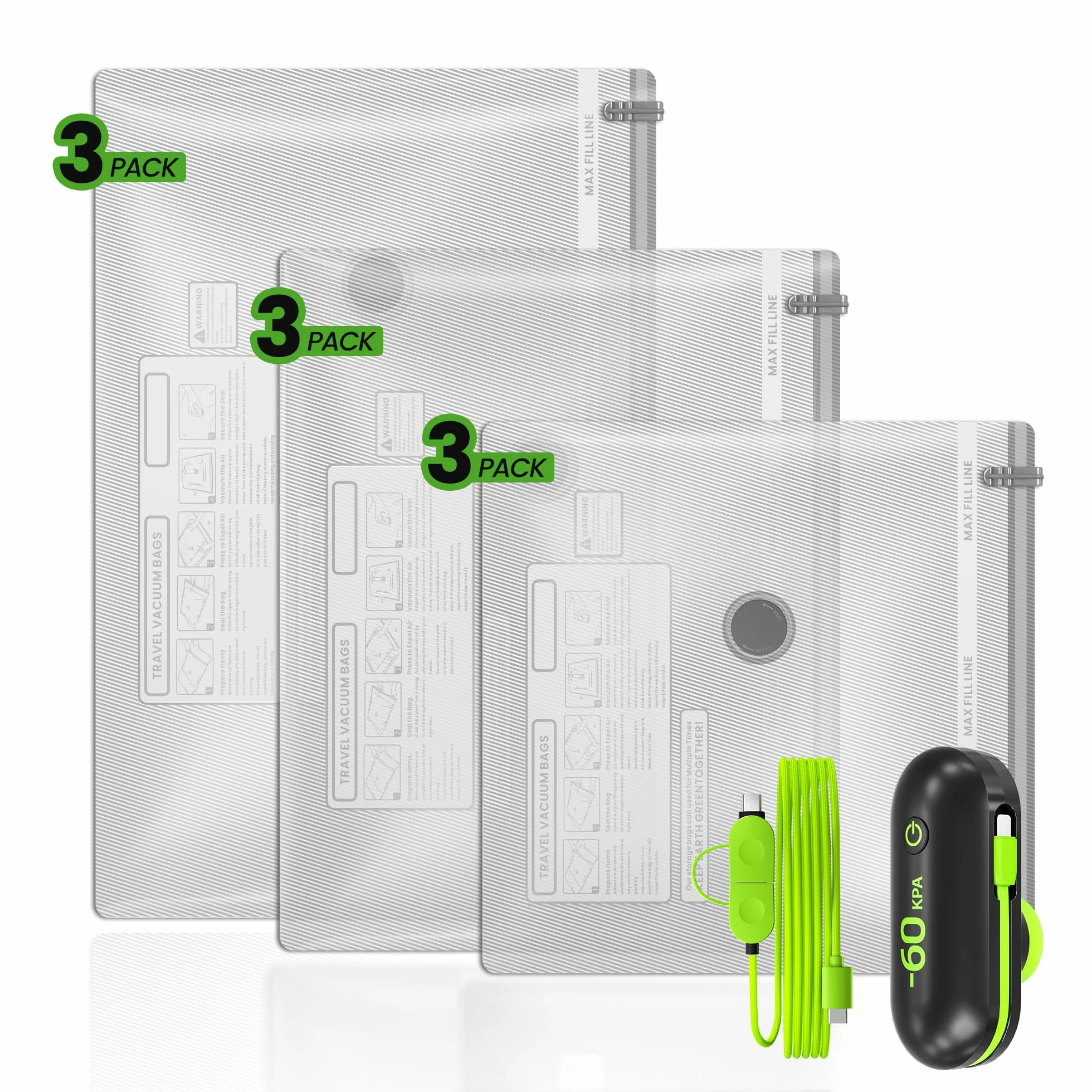 Zestaw 9-częściowy worków próżniowych z elektryczną pompą USB | 3 rozmiary (40 x 40 cm, 40 x 50 cm, 40 x 60 cm) oszczędzają miejsce na ubrania, podróż, pościel i przeprowadzkę, hermetyczne torby do