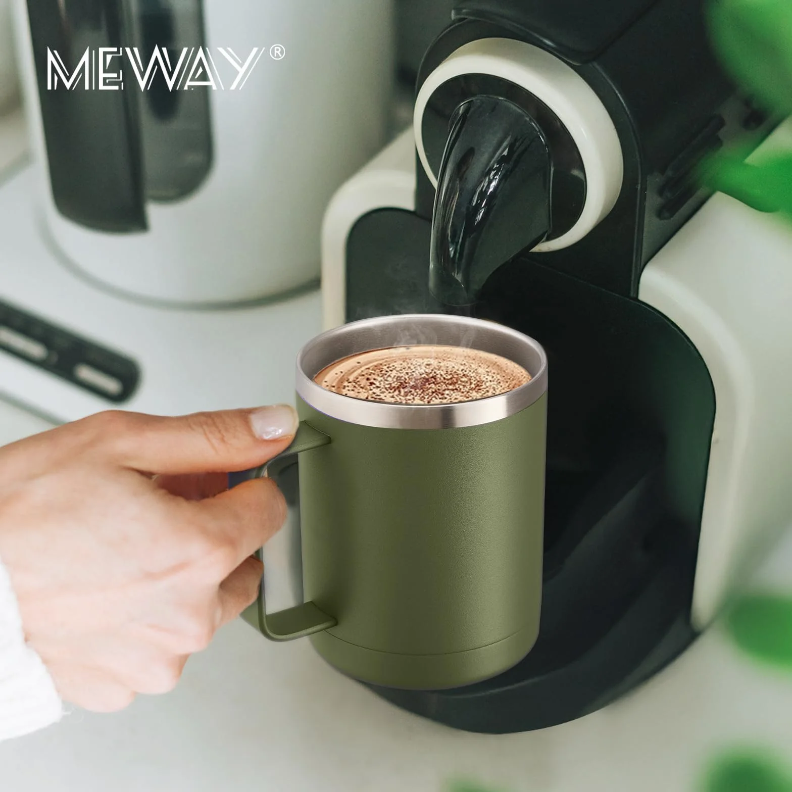 MEWAY Kubek do kawy 350 ml z uchwytem, 4 sztuki, izolowane kubki podróżne ze stali nierdzewnej z przesuwaną pokrywką, próżniowy kubek kempingowy z podwójną ścianką do gorących i zimnych napojów herbaty (wojskowa zieleń, zestaw 4 szt.)