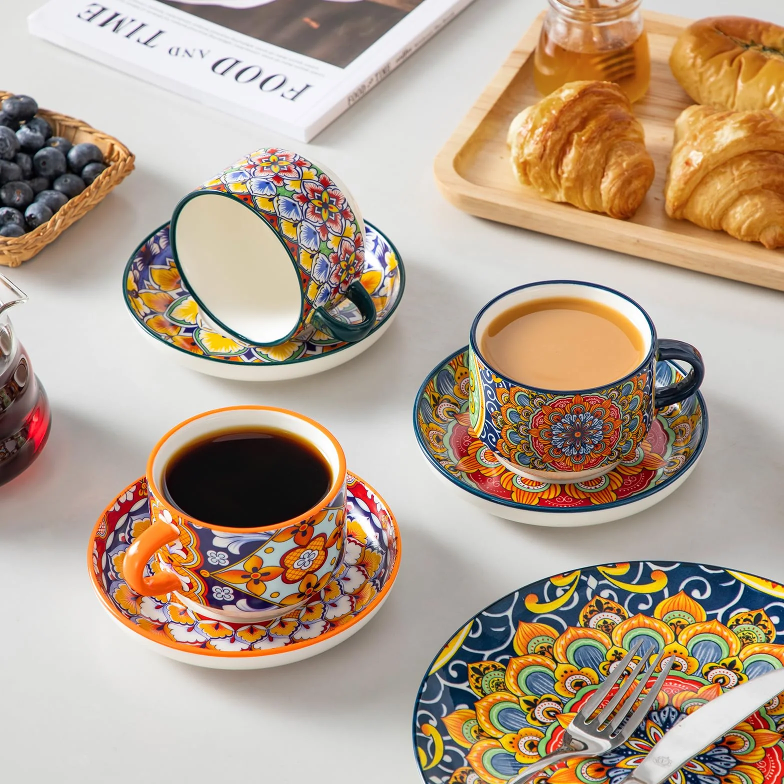 Vancasso zestaw filiżanek do espresso, 4-częściowy, 270 ml, duże filiżanki do espresso, grubościenne z spodkami i podstawką, można układać w stos, filiżanki do espresso z porcelany, kubki do mokki
