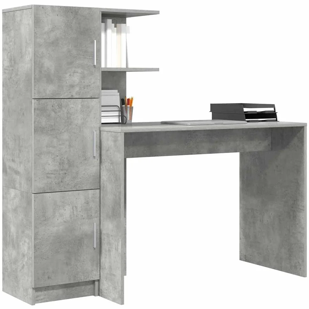 2-częściowy zestaw biurka betonowego z materiału drewnopochodnego z wysoką szafką 133,5 x 50 x 124 cm, drzwi na zawiasy, miejsce do przechowywania do biura, biura, laptopa, monitora