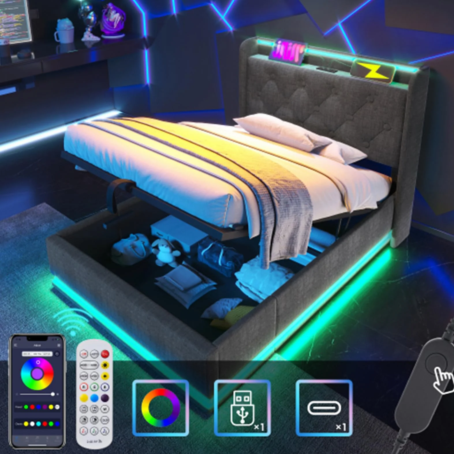 Hydrauliczne łóżko tapicerowane 360° LED z przyciskiem / aplikacja / pilot zdalnego sterowania, łóżko pojedyncze, łóżko magazynowe, skrzynia na pościel z funkcją ładowania USB typu C, kolor | Łóżko pojedyncze, lniane łóżko magazynowe, skrzynia na pościel
