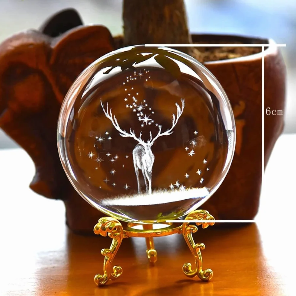 3D Wapiti Ball grawerowane szklana kula kryształowy ornament miniaturowy renifer Home Decor akcesoria do dekoracji świątecznych kula, kula złota podstawa, 8cm