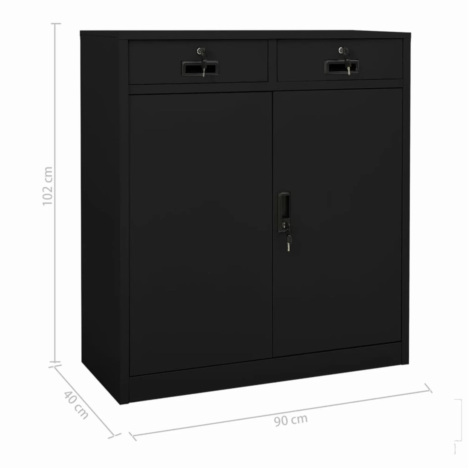 Szafka na akta, czarna, stalowa, 90 x 40 x 102 cm, z 2 półkami o regulowanej wysokości, 2 szufladami na łożyskach kulkowych i zamkami bezpieczeństwa – organizacja biura