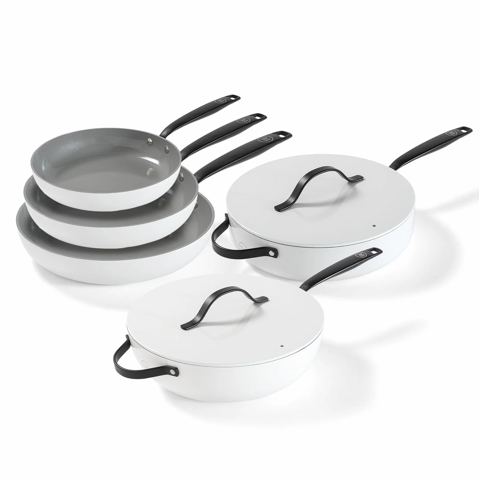 BE Living Essential 5-częściowy zestaw garnków, Ø 20, 24 i 28 cm patelnia do smażenia + Ø 30 cm patelnia do gotowania + Ø 28 cm, zestaw patelni, ceramiczne, bez PFAS, indukcja, biały