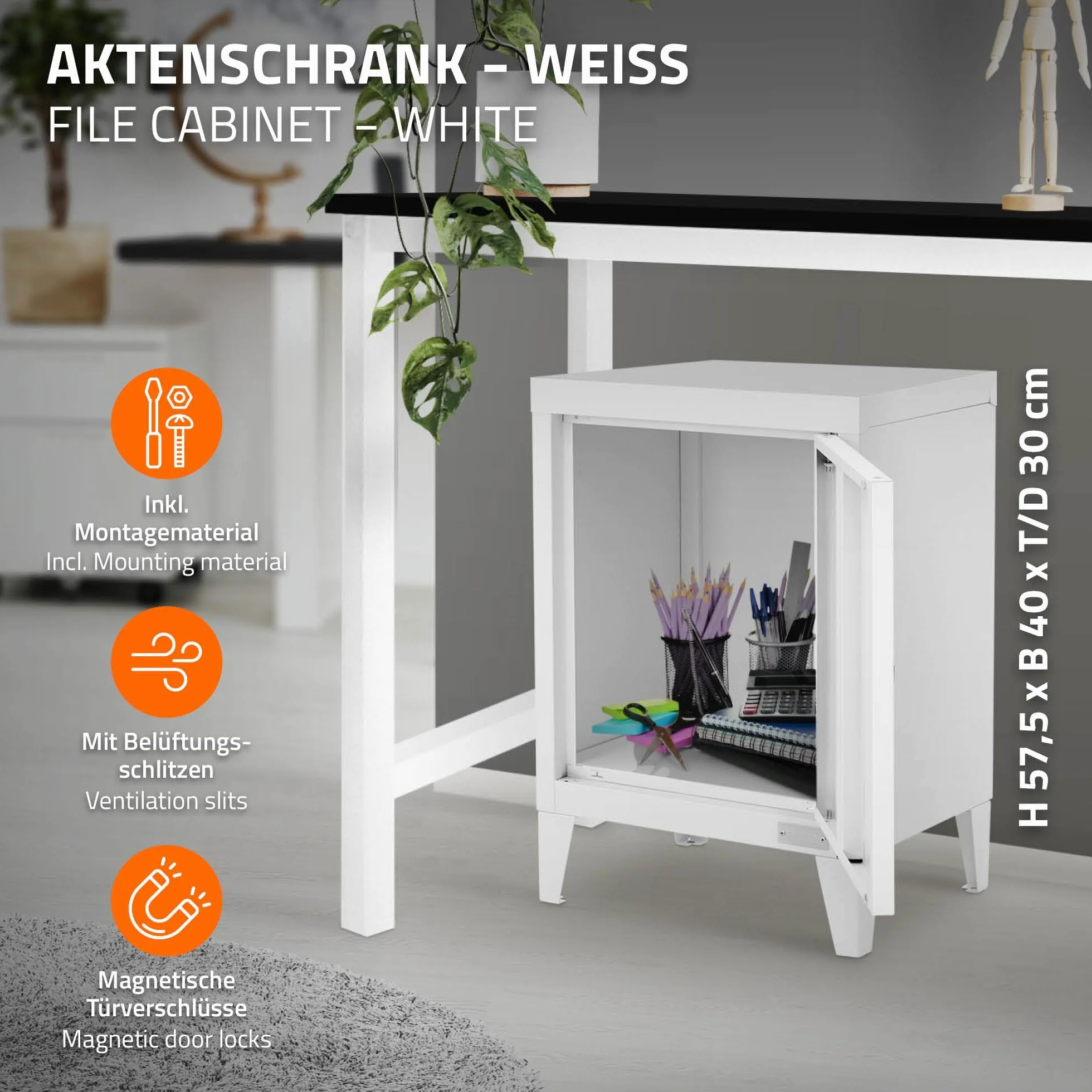 ML-Design uniwersalna szafka metalowa bialy 40x30x57,5 cm stalowa z drzwiami kompaktowa szafka biurowa mala szafka na dokumenty i do przechowywania szafka boczna kawowa do salonu biura sypialni