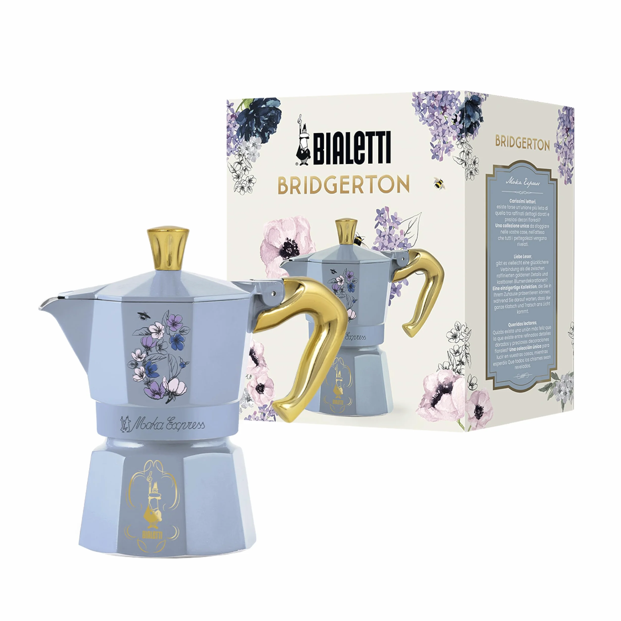 Bialetti Moka Express Bridgerton 3 filiżanki, uchwyt zapobiegający oparzeniom, nie nadaje się do płyt indukcyjnych, 3 kubki (130 ml), aluminium