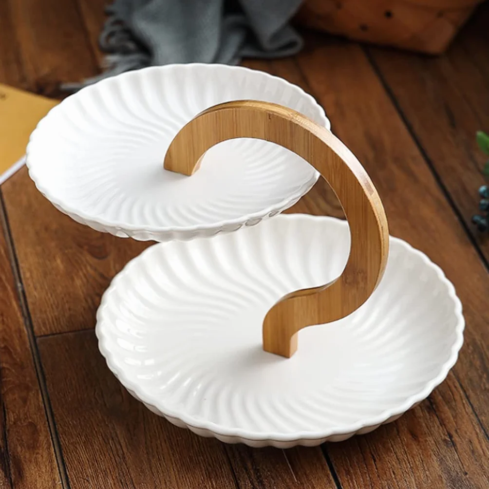 Miska na Owoce, Dekoracja Stołu Zestaw miski owocowej z naturalnym bambusowym stojakiem, ceramiczny koszyk owocowy serwujący taca zestaw do owoców, przystawka deserowy, ciasto, cukierki Kosz na Warzyw