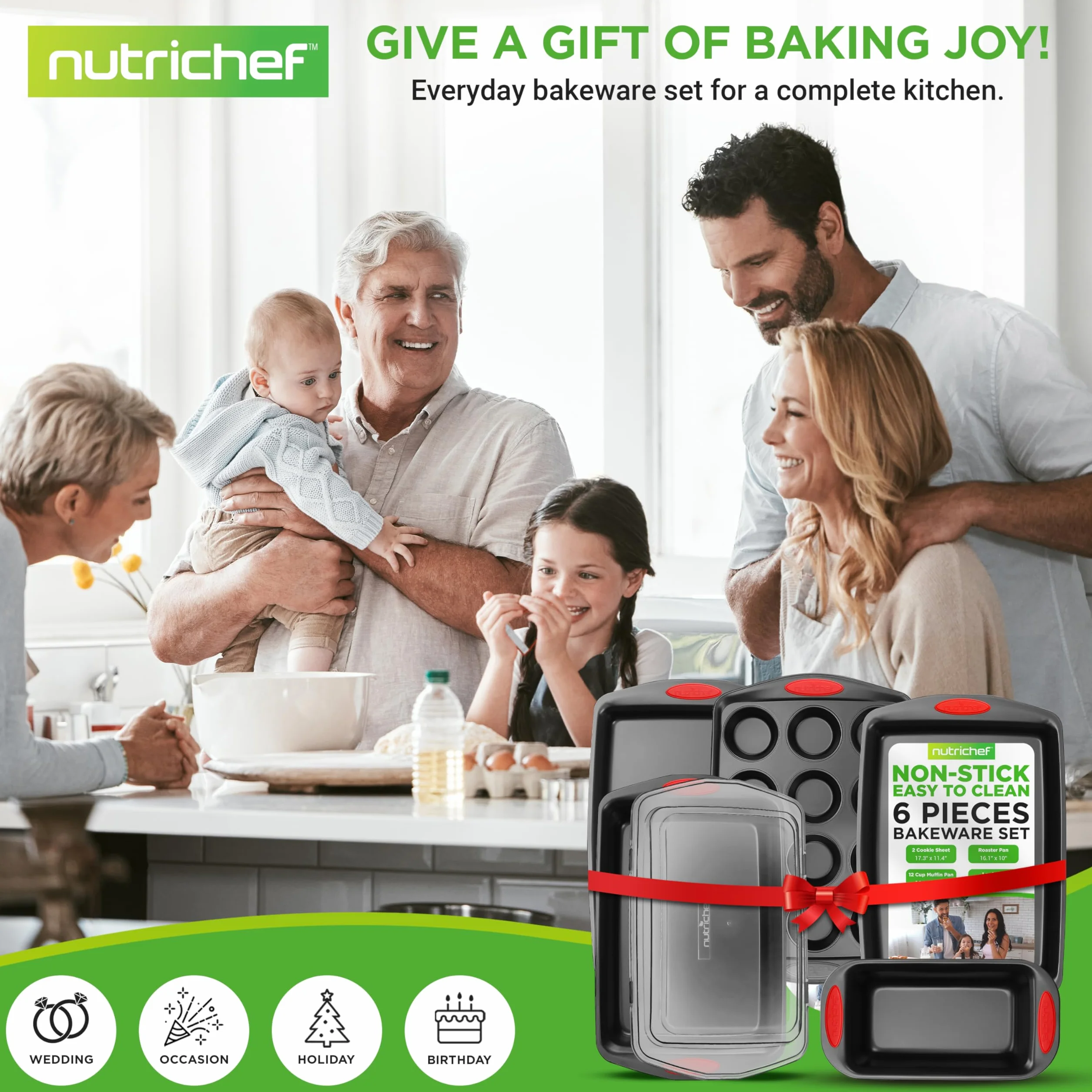 NutriChef 6-częściowy zestaw do pieczenia z powłoką nieprzywierającą - Premium akcesoria do pieczenia ze stali węglowej z silikonowymi uchwytami - Zawiera 2 formy do pieczenia, 12 foremek do muffinek