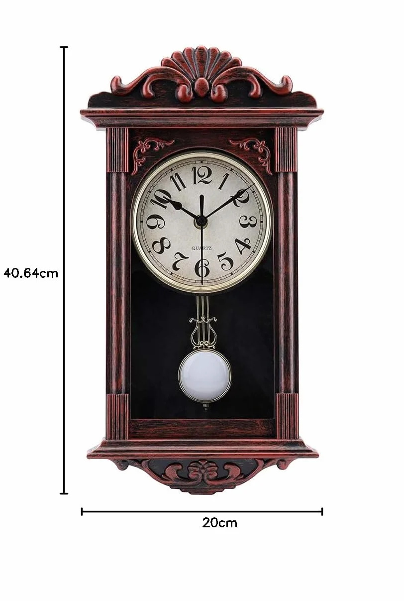 Wahadłowy zegar ścienny retro, kwarcowy, dekoracyjny zegar ścienny, na baterie, do salonu, biura, dekoracji, domu, 40 cm, brąz