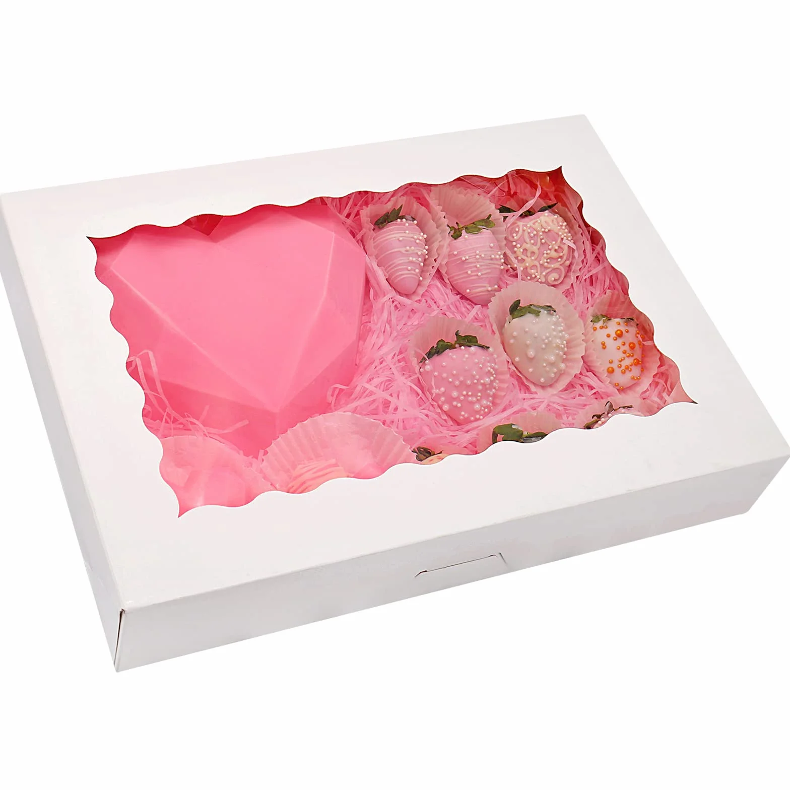 Tcoivs Pudełka do pieczenia 35 x 25 x 6,3 cm, pudełka na ciasteczka, automatyczne wyskakujące pudełka na smakołyki z okienkiem na pączki, ciasta, babeczki i wypieki (białe)