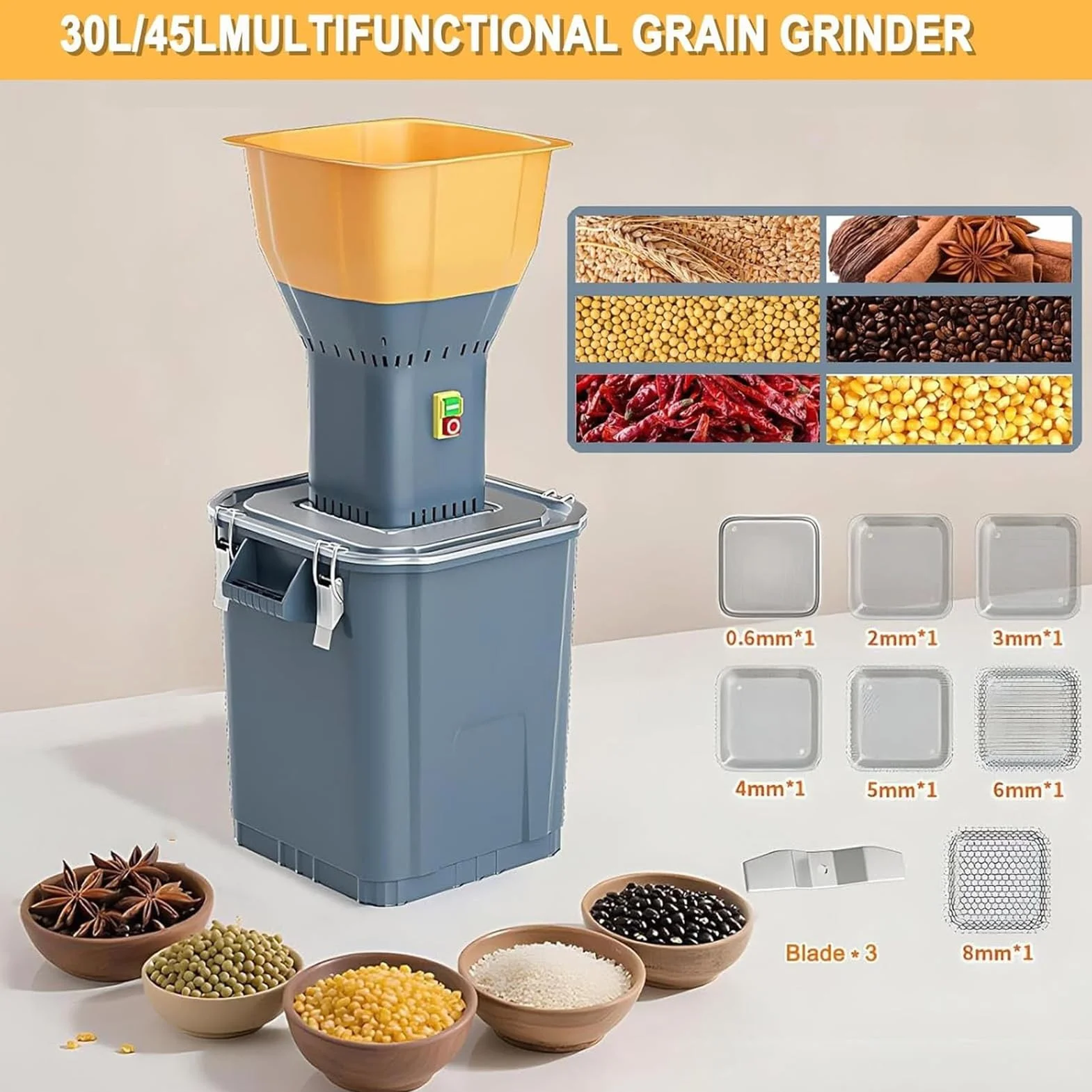 1300W Elektryczny młynek do kukurydzy 7 sit Heavy Duty Feed Grain Crusher do przypraw mąki pszennej Wysoka prędkość stali nierdzewnej