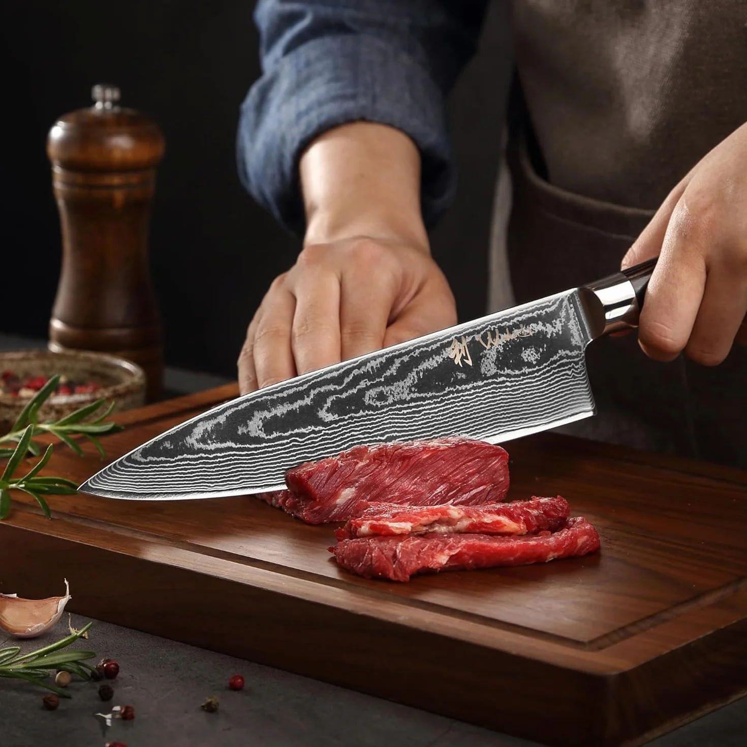 Wakoli EDIB Essentials Santoku 2-częściowy zestaw noży kuchennych 30 i 24 cm ze stali damasceńskiej z 67 warstw stali damasceńskiej z uchwytem z drewna Pakka, nóż do warzyw w zestawie pudełko na