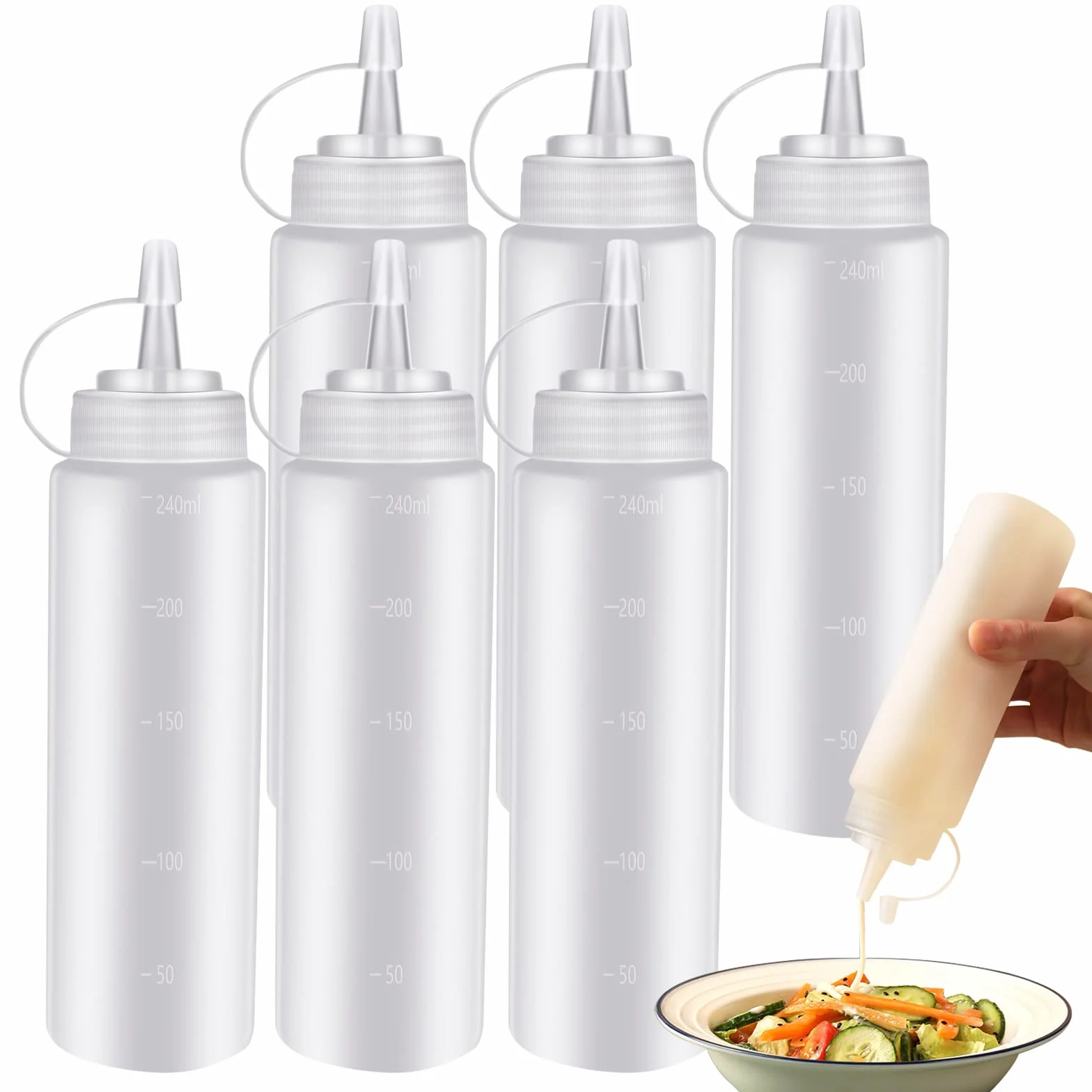6 szt. 200 ml butelki do wyciskania, z tworzywa sztucznego, z zakrętką i miarką, pojemnik do keczupu, musztardy, BBQ, sosów, przypraw, sałatek, dressingów, oliwy z oliwek